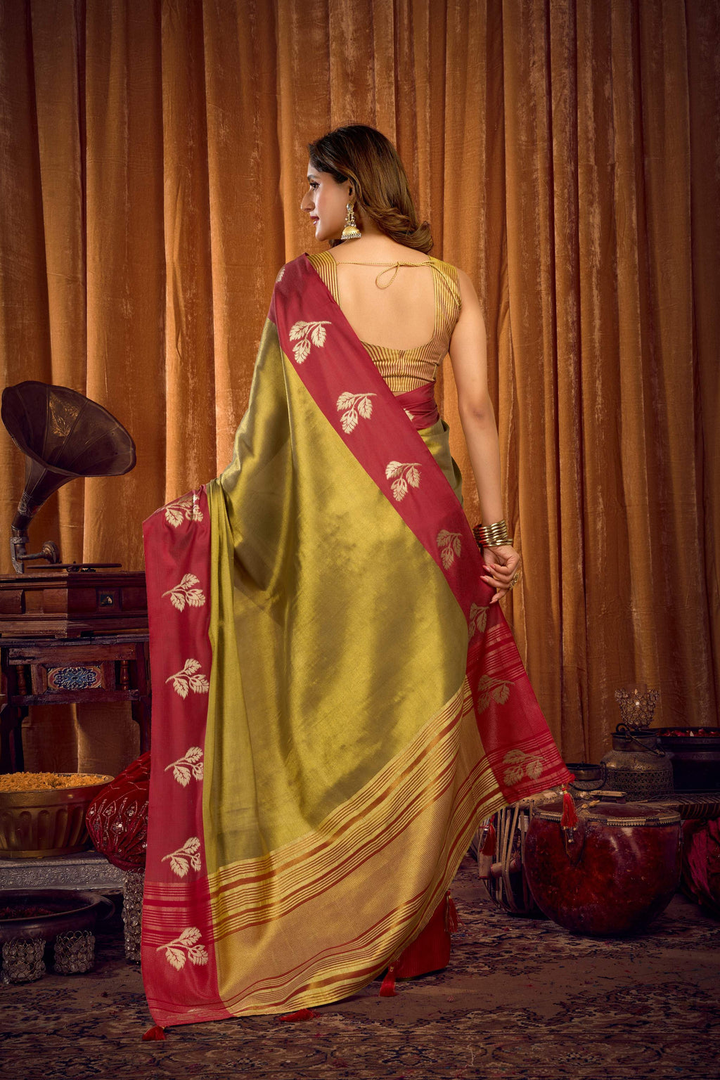 Jyoti Fashion Women's Mehendi Soft Tissue Zari Woven Saree with Blouse