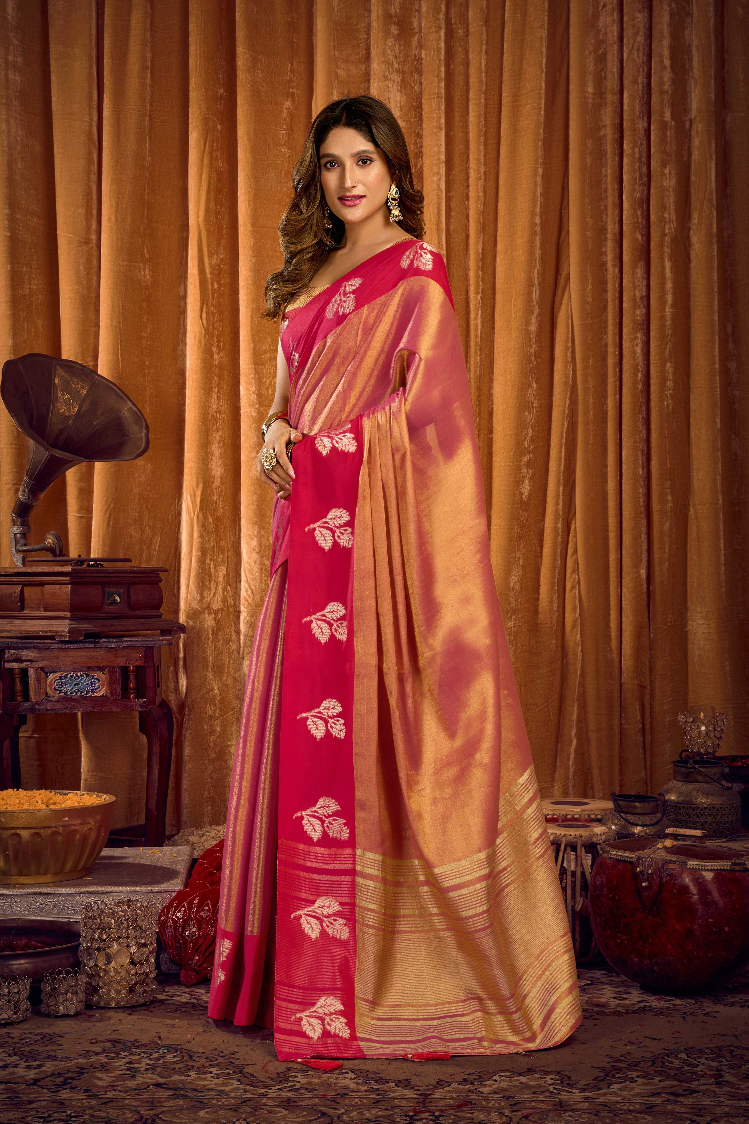 Jyoti Fashion Women's Pink Soft Tissue Zari Woven Saree with Blouse