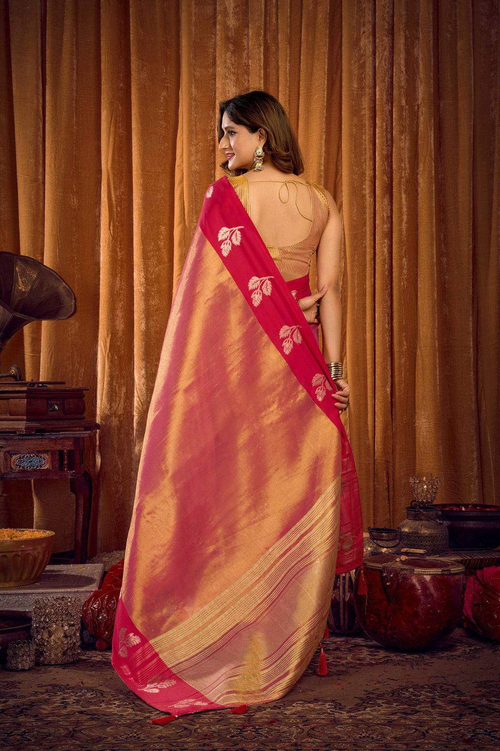 Jyoti Fashion Women's Pink Soft Tissue Zari Woven Saree with Blouse