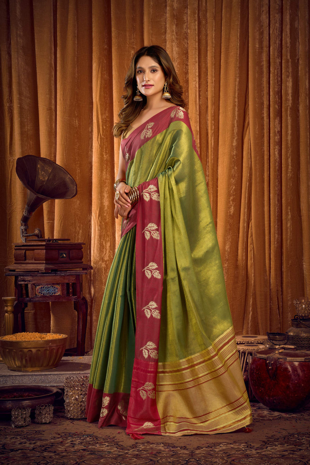 Jyoti Fashion Women's Green Soft Tissue Zari Woven Saree with Blouse