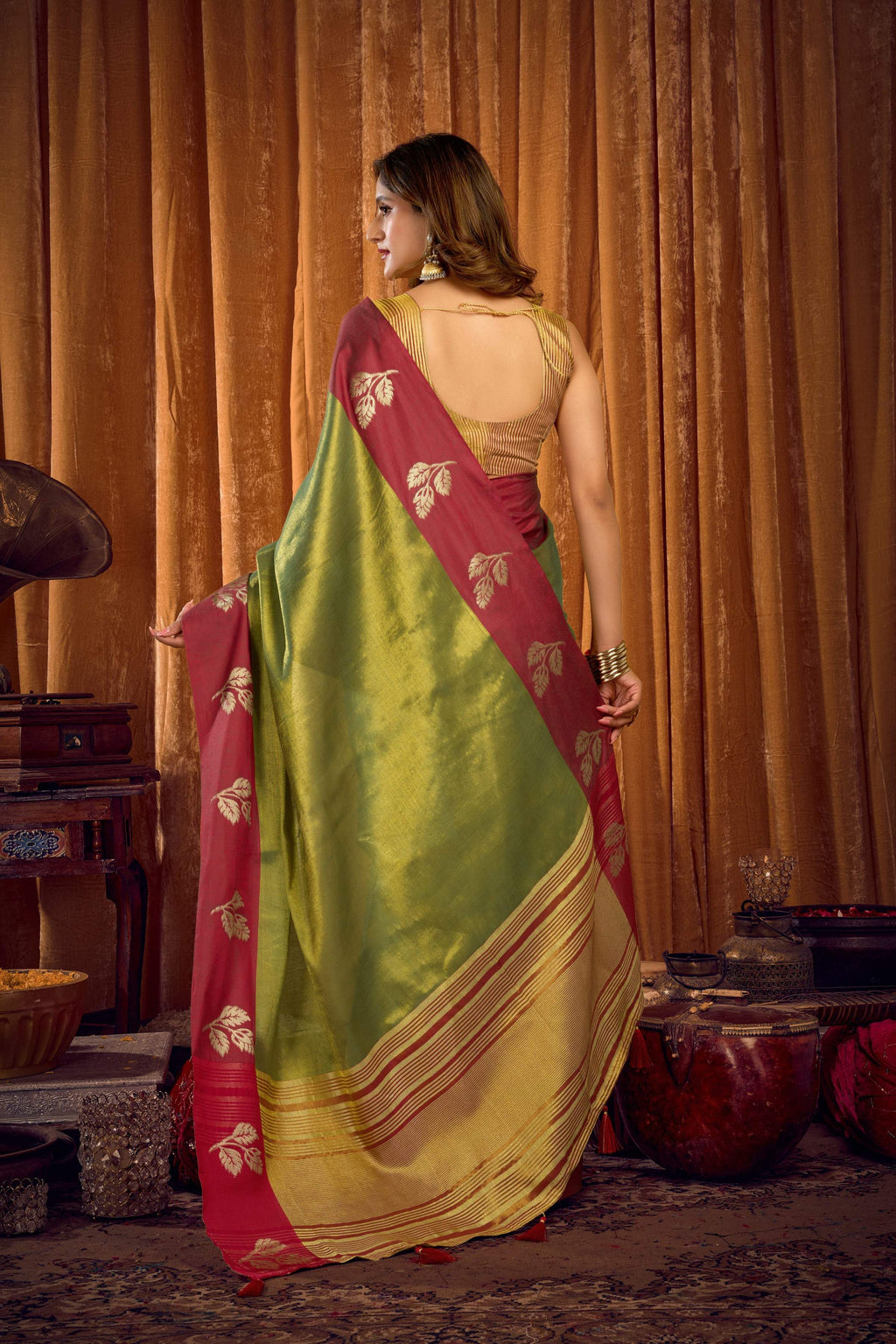 Jyoti Fashion Women's Green Soft Tissue Zari Woven Saree with Blouse