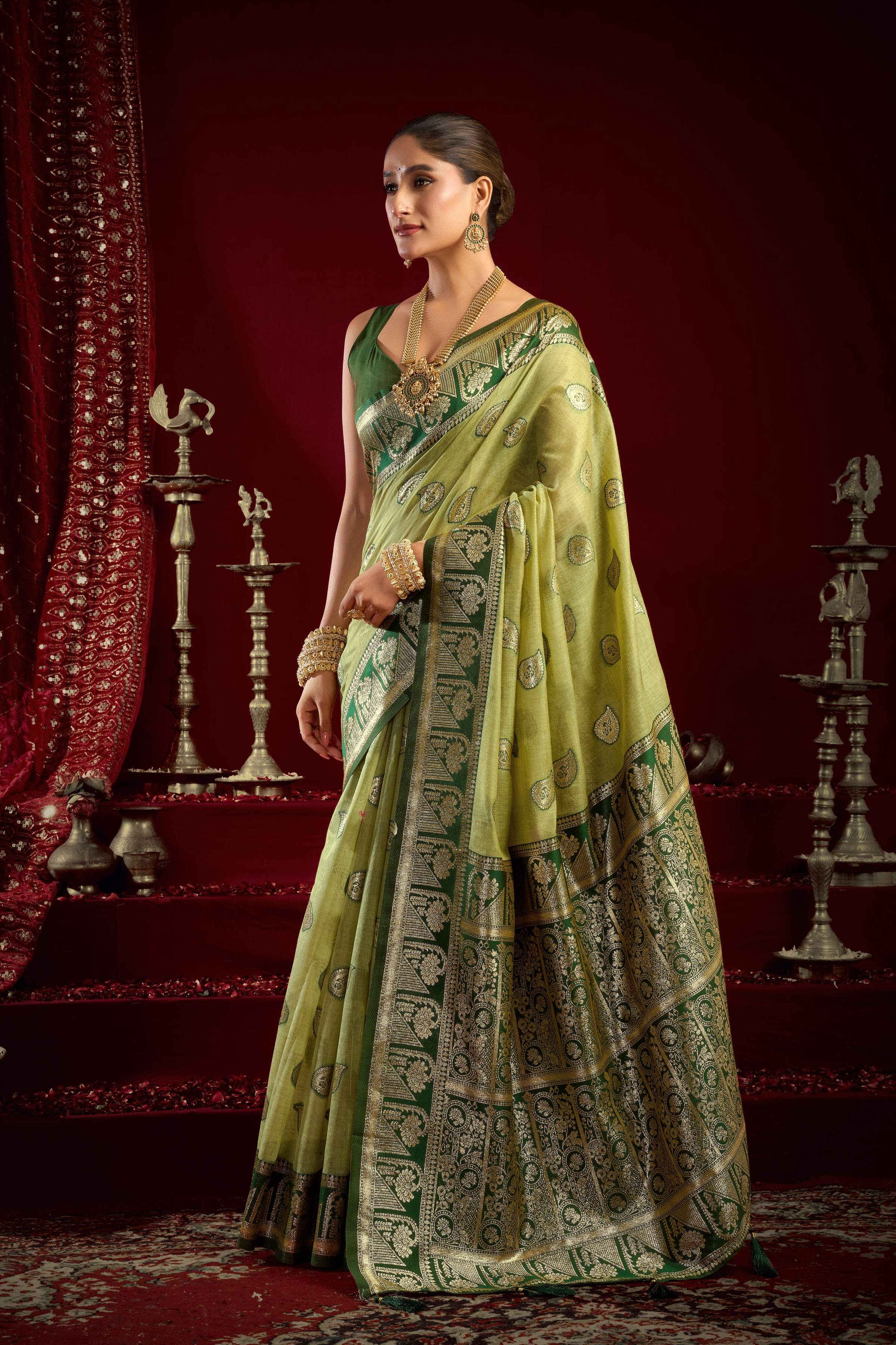 Jyoti Fashion Women's Pista Green Modal Banarasi Zari Woven Saree with Blouse
