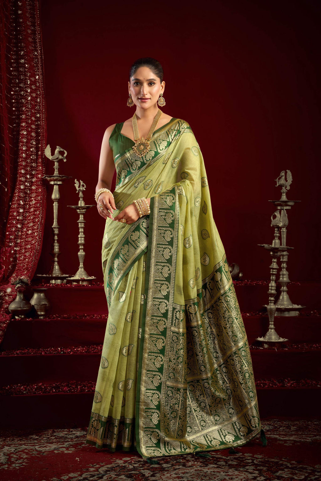 Jyoti Fashion Women's Pista Green Modal Banarasi Zari Woven Saree with Blouse