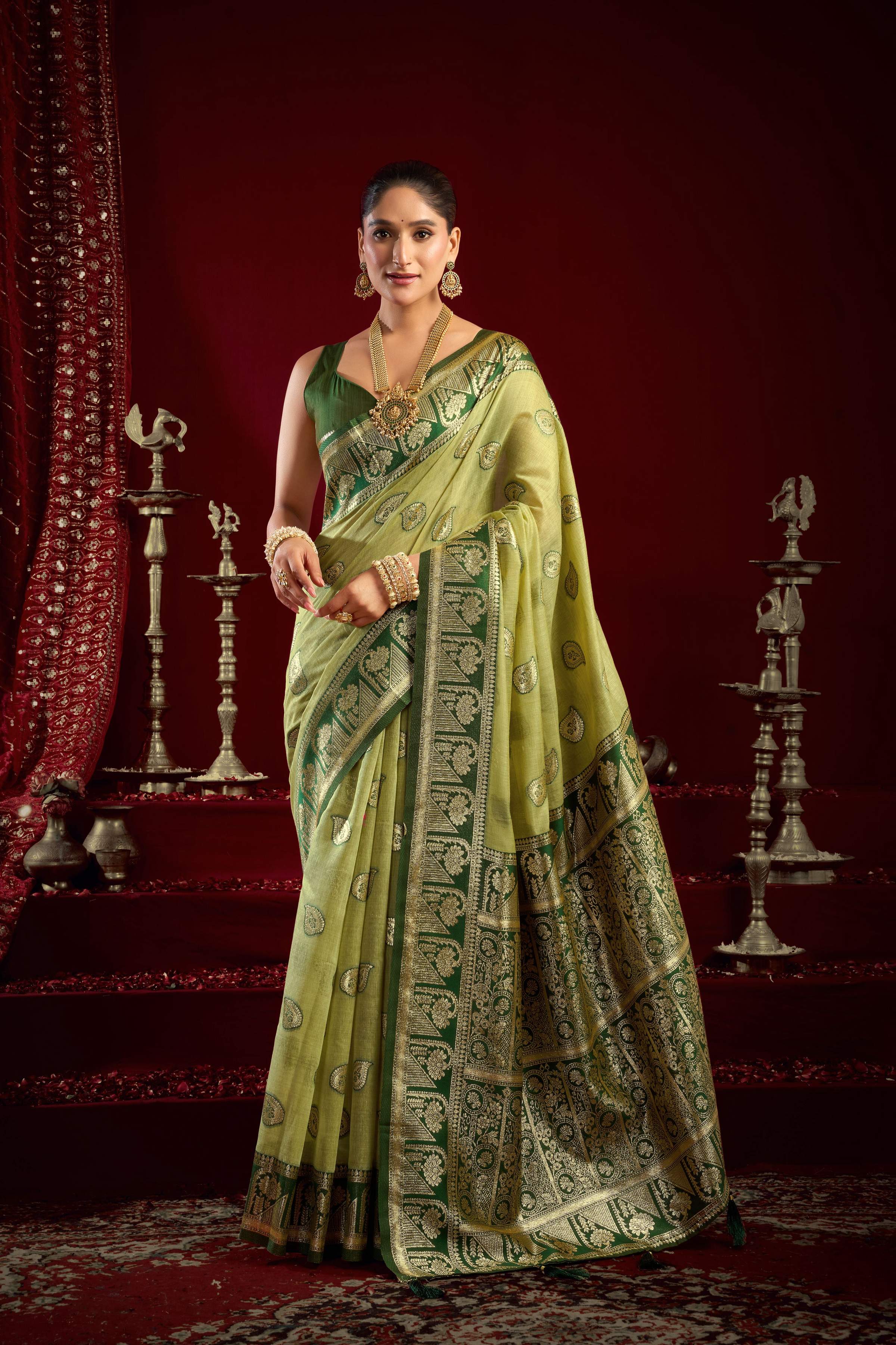 Jyoti Fashion Women's Pista Green Modal Banarasi Zari Woven Saree with Blouse