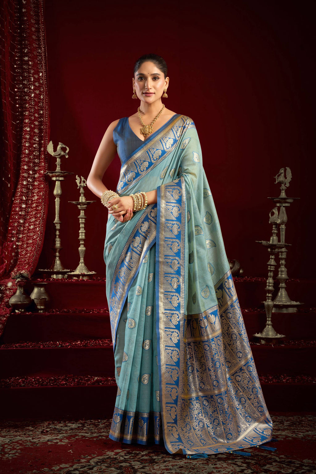 Jyoti Fashion Women's Sky Blue Modal Banarasi Zari Woven Saree with Blouse