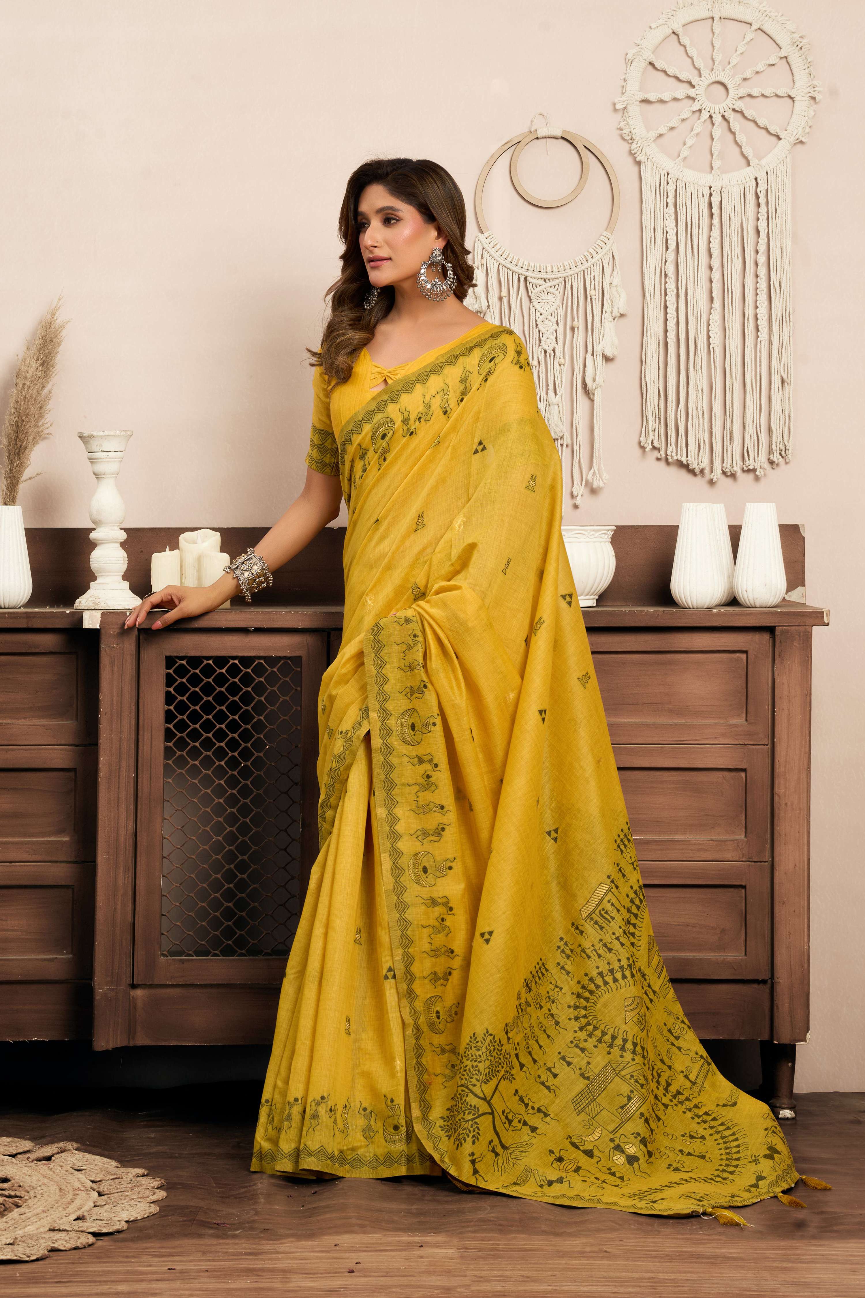 Jyoti Fashion Women's Mustard Modal Art Silk Warli Work Saree with Blouse