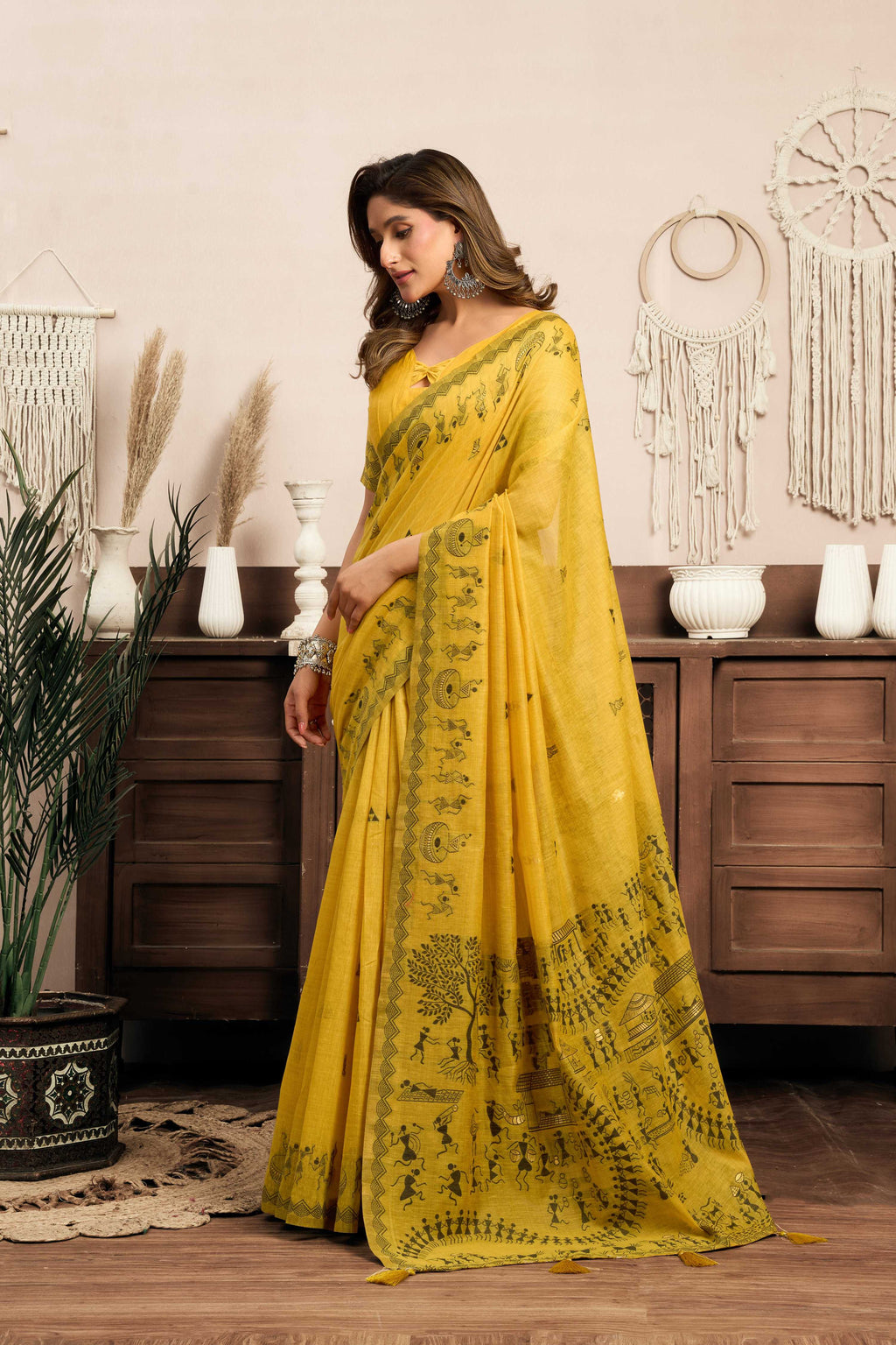 Jyoti Fashion Women's Mustard Modal Art Silk Warli Work Saree with Blouse