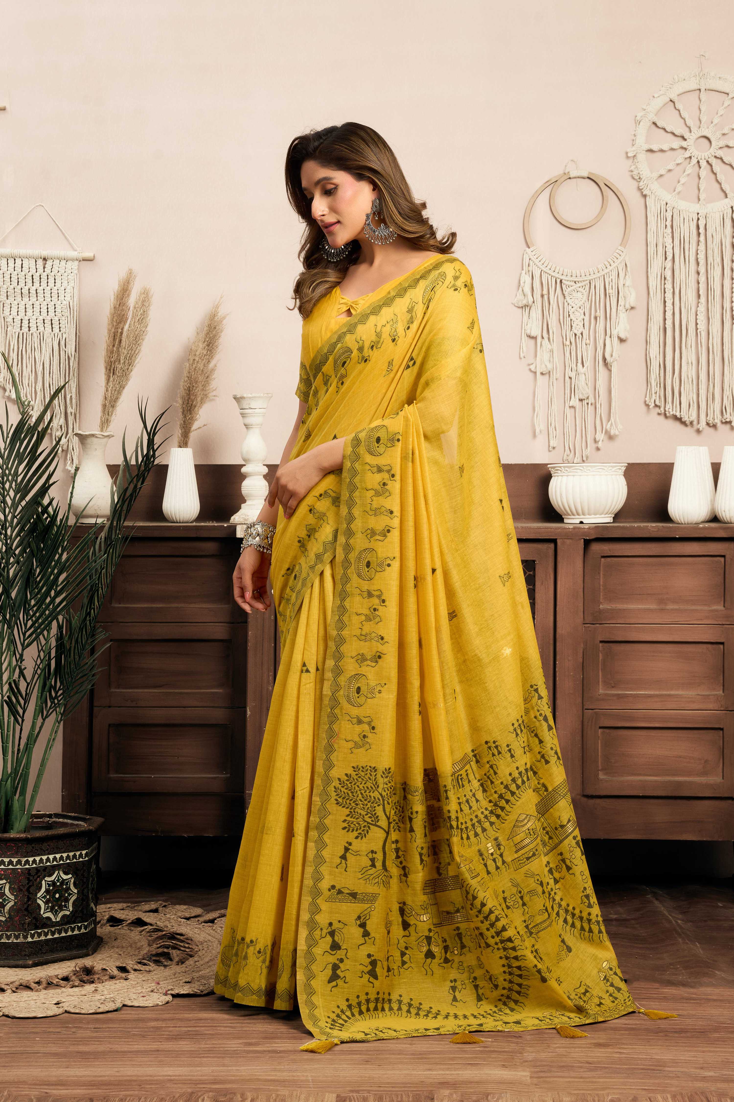 Jyoti Fashion Women's Mustard Modal Art Silk Warli Work Saree with Blouse