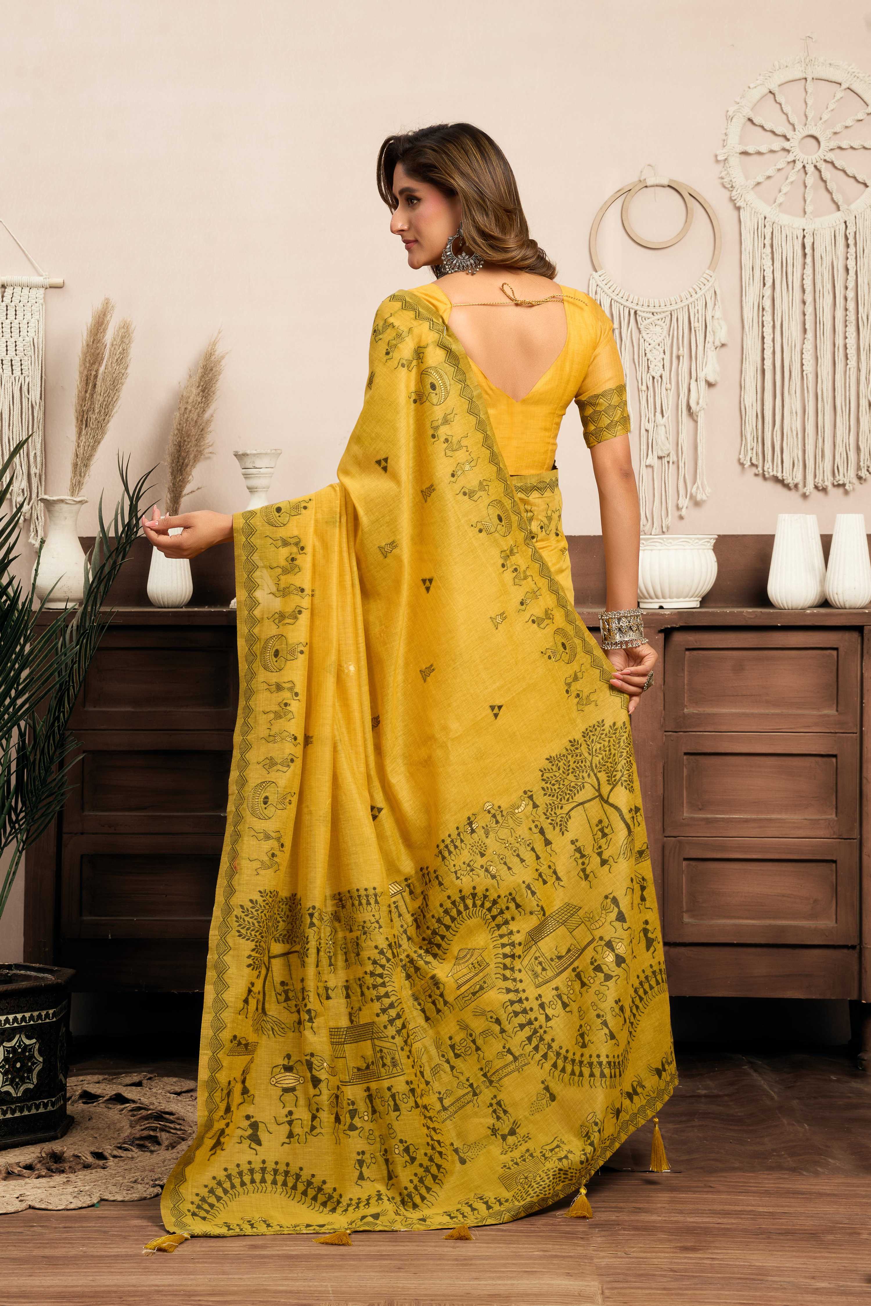 Jyoti Fashion Women's Mustard Modal Art Silk Warli Work Saree with Blouse