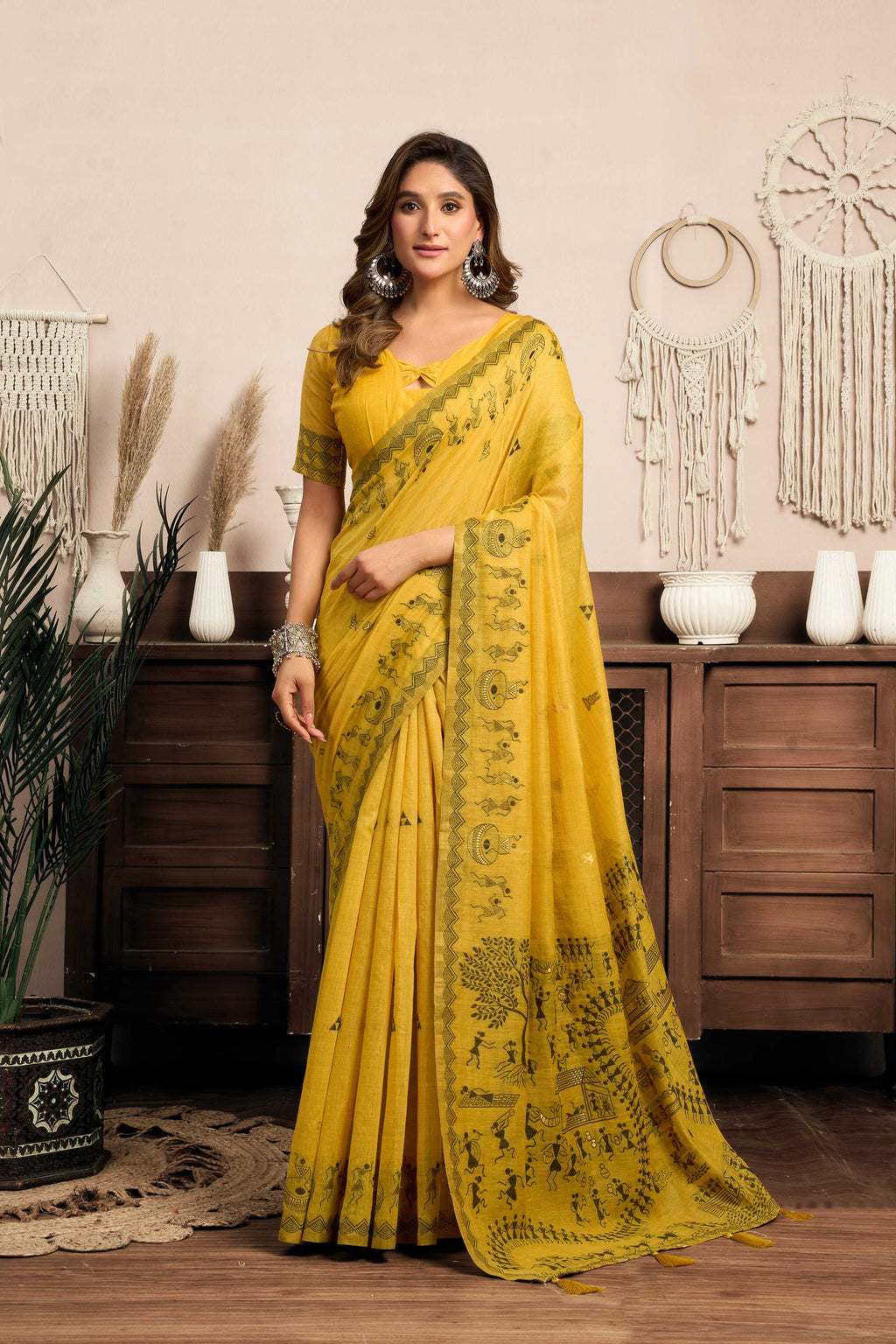 Jyoti Fashion Women's Mustard Modal Art Silk Warli Work Saree with Blouse