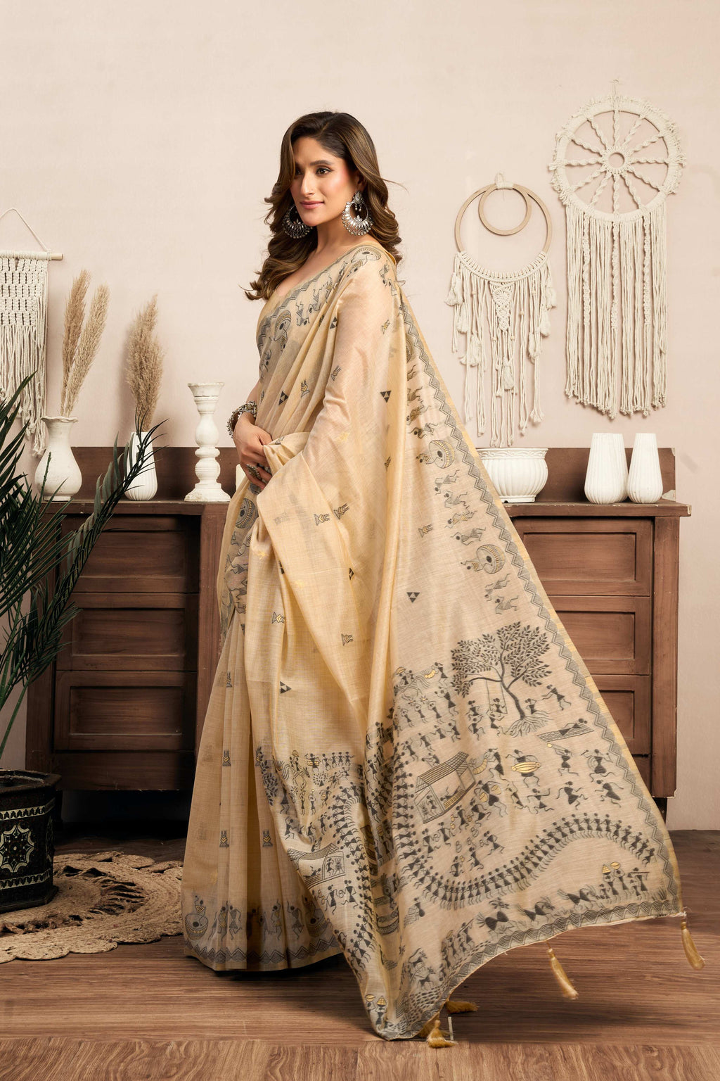 Jyoti Fashion Women's Cream Modal Art Silk Warli Work Saree with Blouse