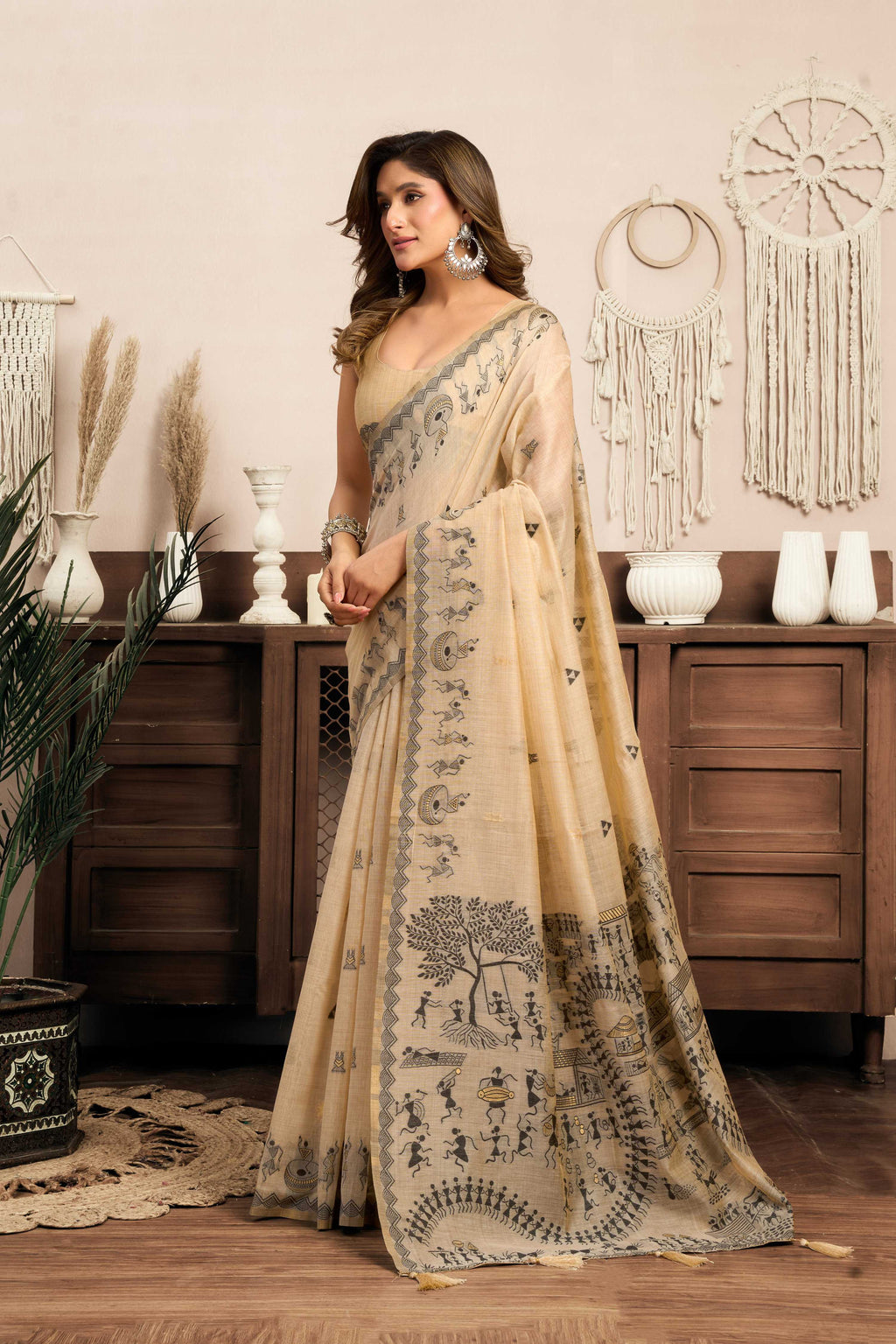 Jyoti Fashion Women's Cream Modal Art Silk Warli Work Saree with Blouse