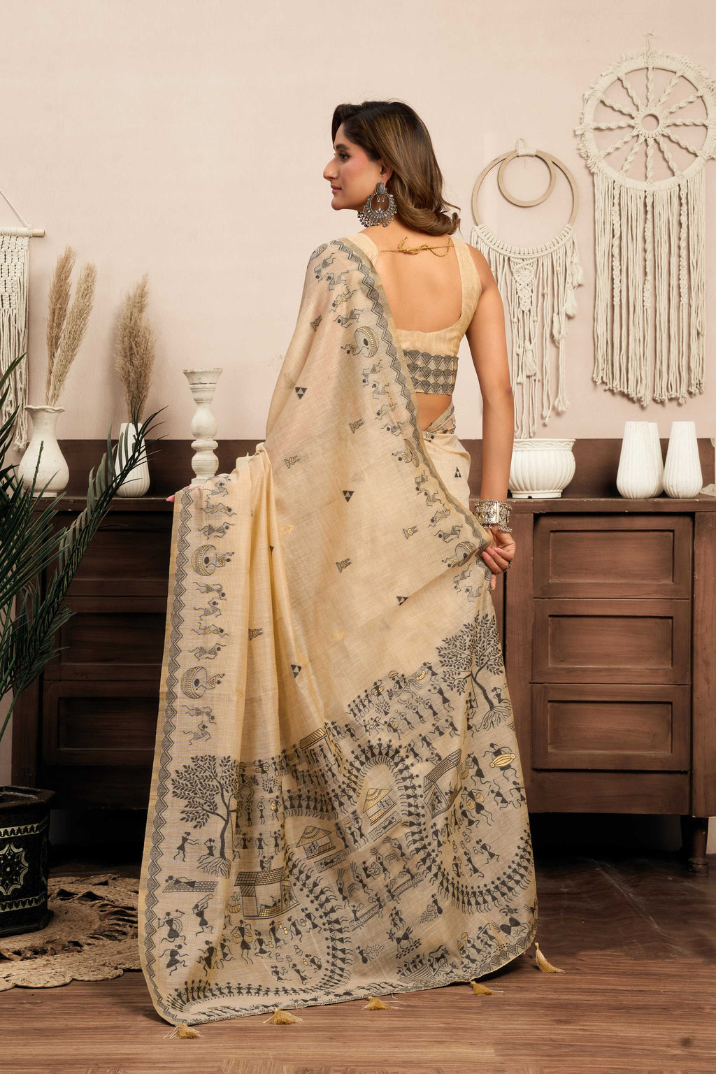 Jyoti Fashion Women's Cream Modal Art Silk Warli Work Saree with Blouse
