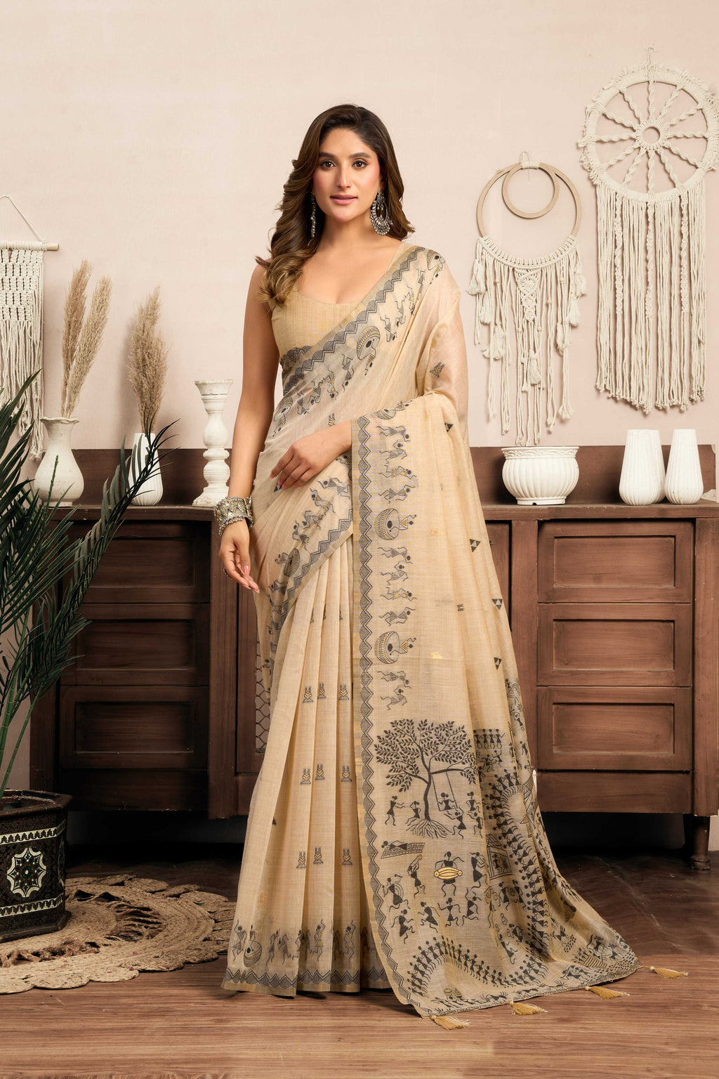 Jyoti Fashion Women's Cream Modal Art Silk Warli Work Saree with Blouse