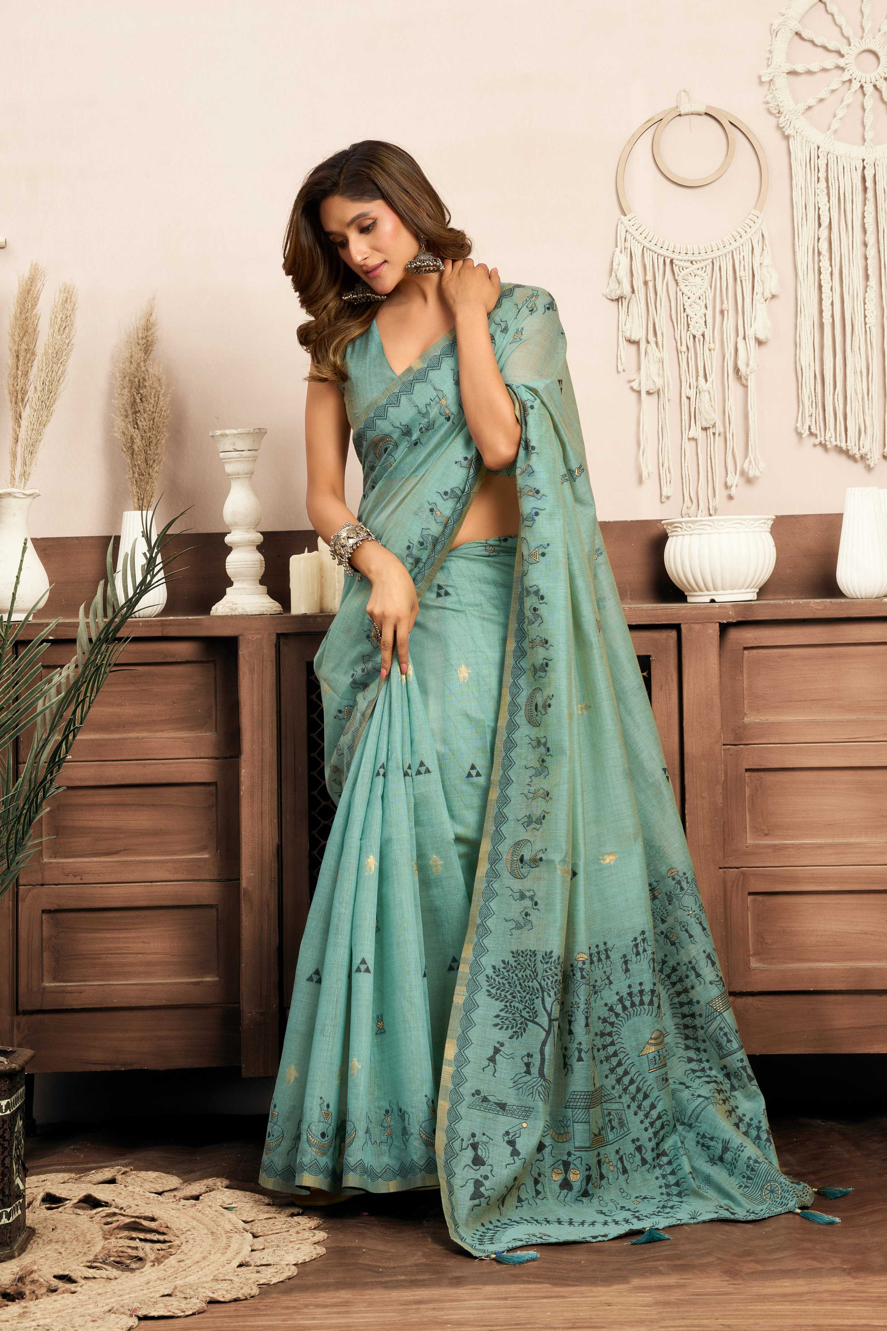 Jyoti Fashion Women's Sky Blue Modal Art Silk Warli Work Saree with Blouse