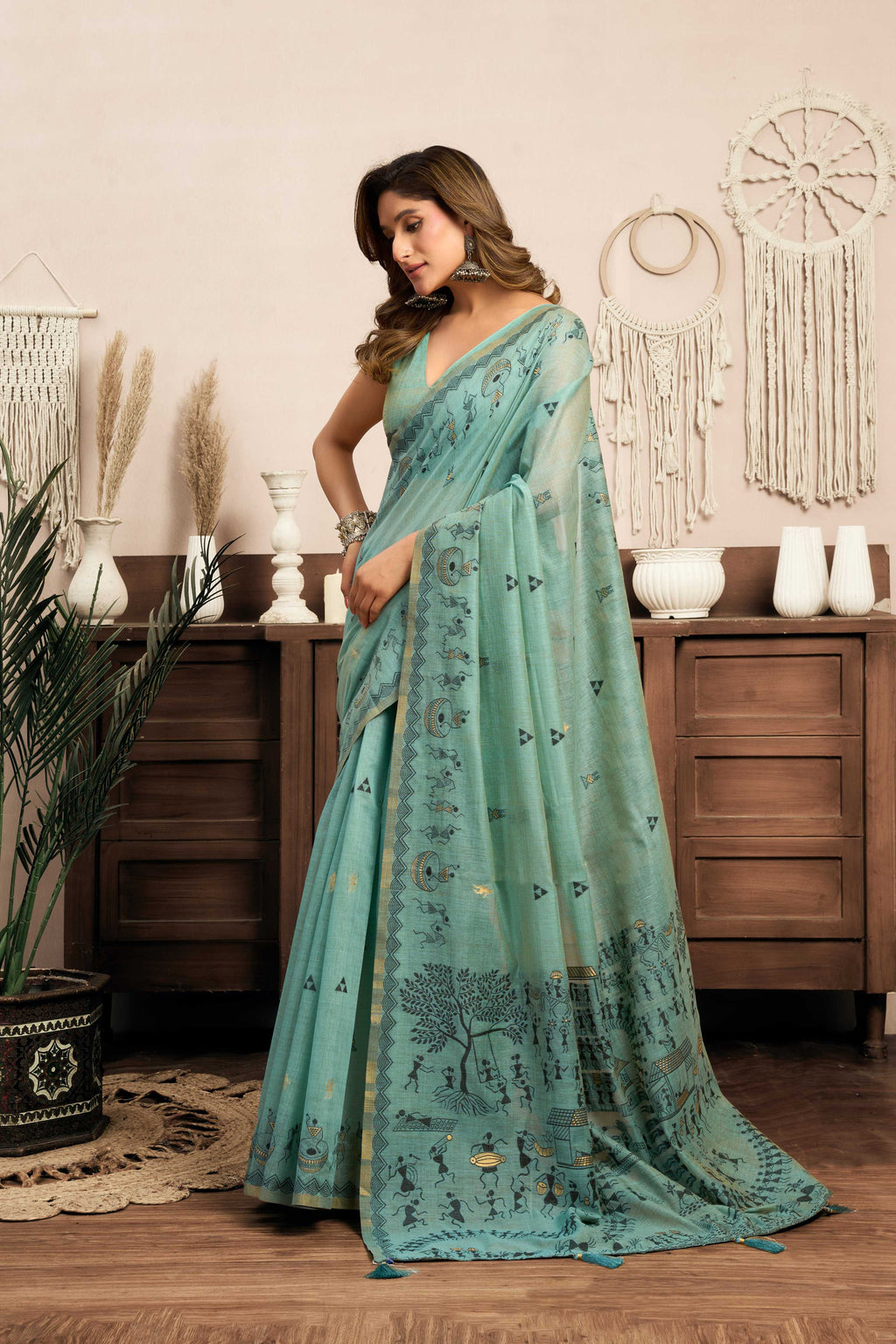 Jyoti Fashion Women's Sky Blue Modal Art Silk Warli Work Saree with Blouse