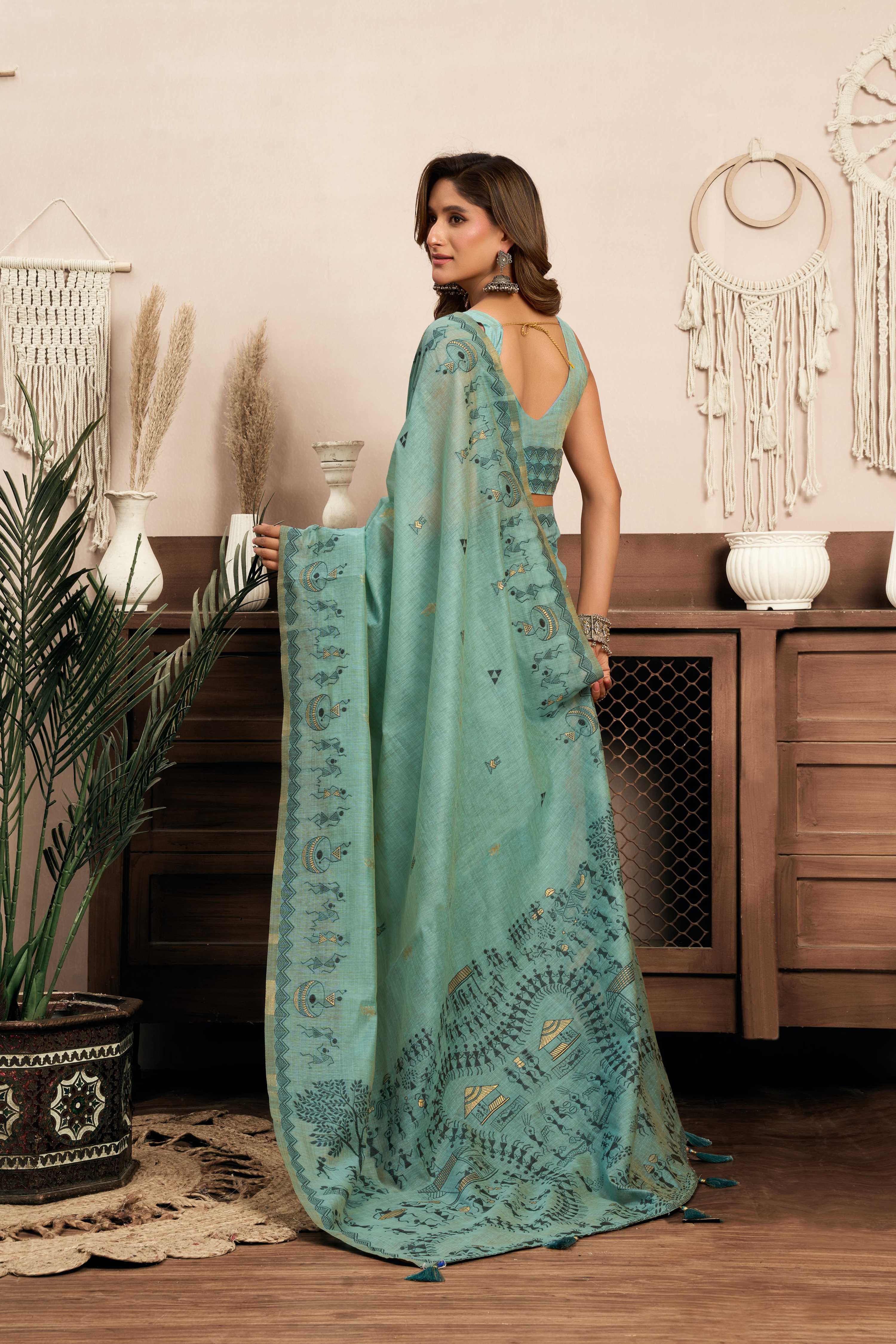 Jyoti Fashion Women's Sky Blue Modal Art Silk Warli Work Saree with Blouse