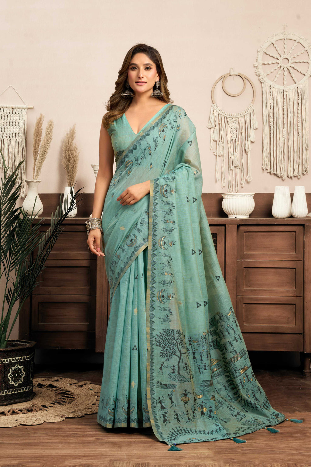 Jyoti Fashion Women's Sky Blue Modal Art Silk Warli Work Saree with Blouse