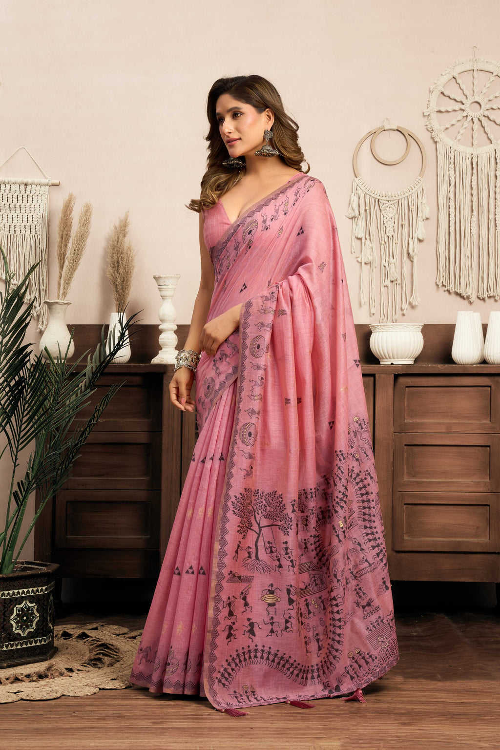Jyoti Fashion Women's Pink Modal Art Silk Warli Work Saree with Blouse