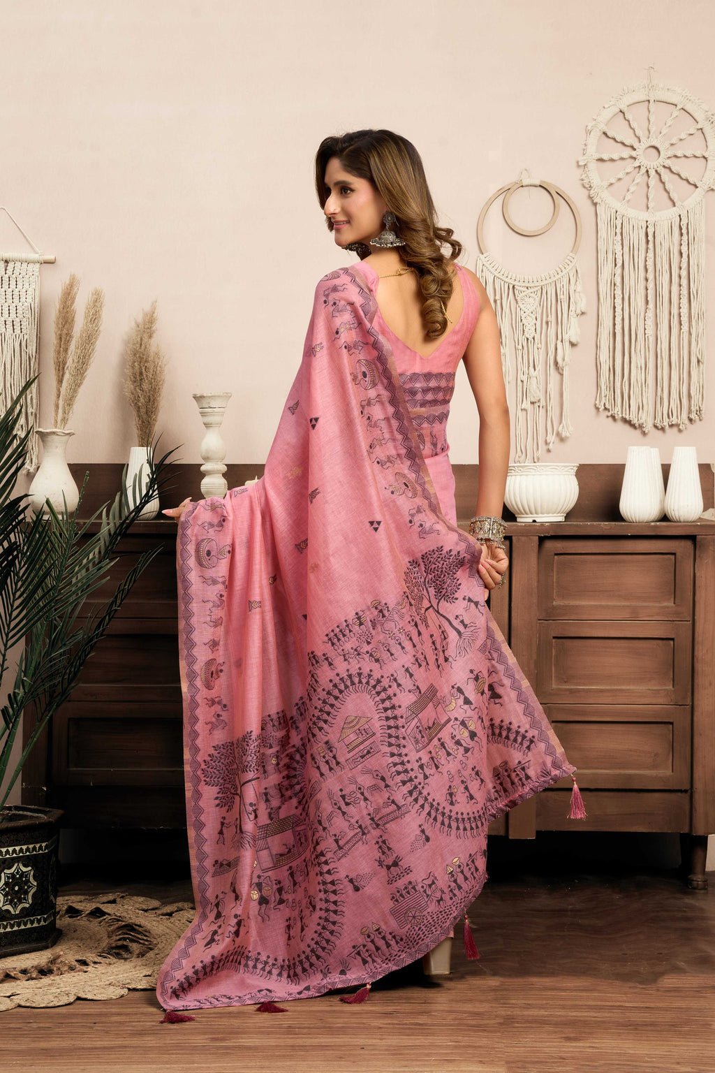 Jyoti Fashion Women's Pink Modal Art Silk Warli Work Saree with Blouse