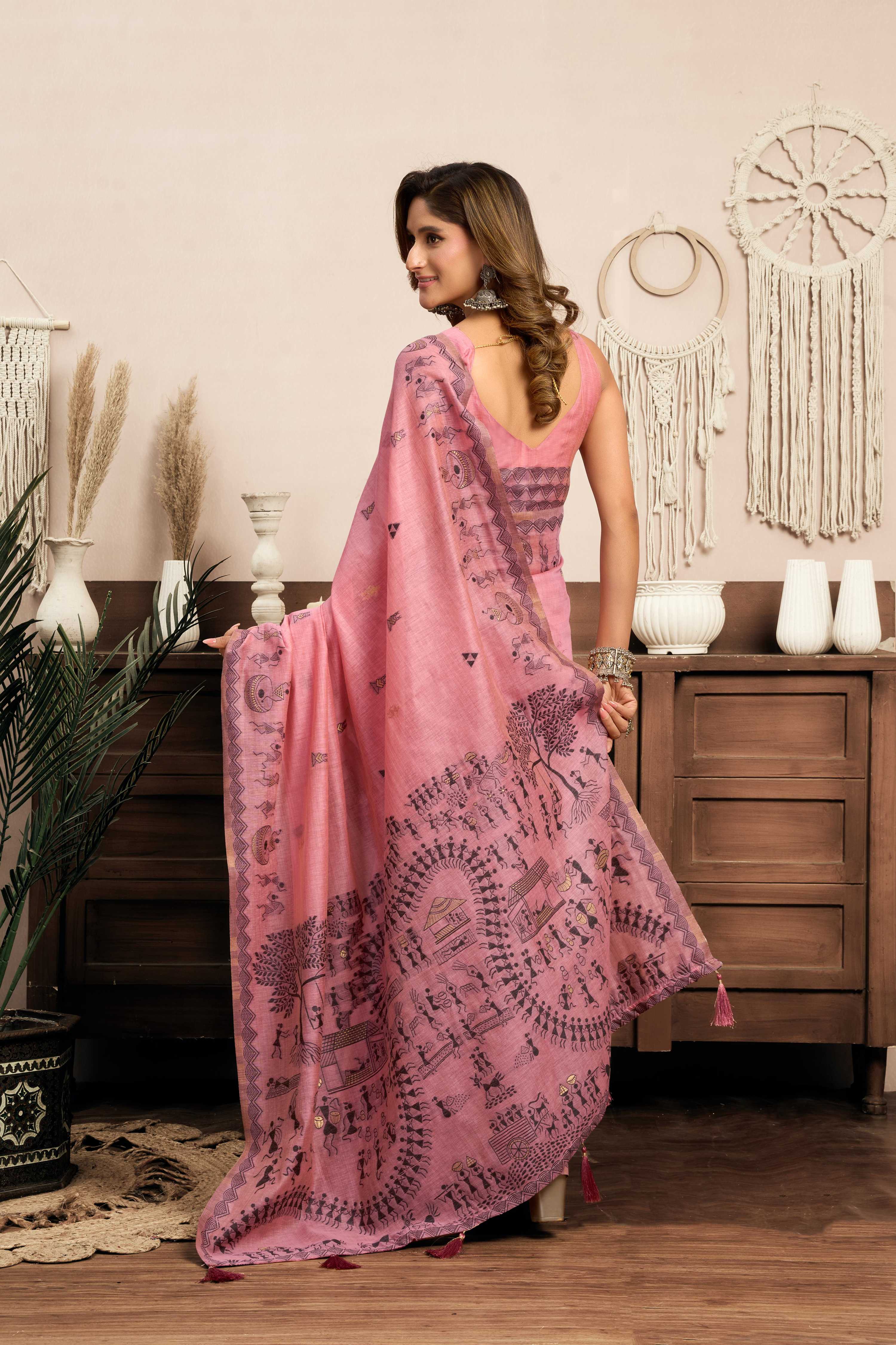 Jyoti Fashion Women's Pink Modal Art Silk Warli Work Saree with Blouse