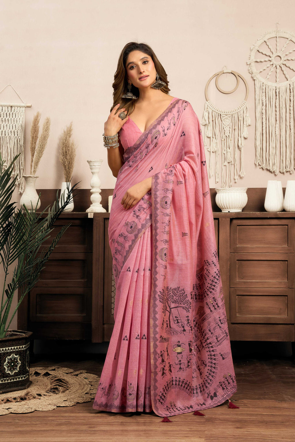 Jyoti Fashion Women's Pink Modal Art Silk Warli Work Saree with Blouse