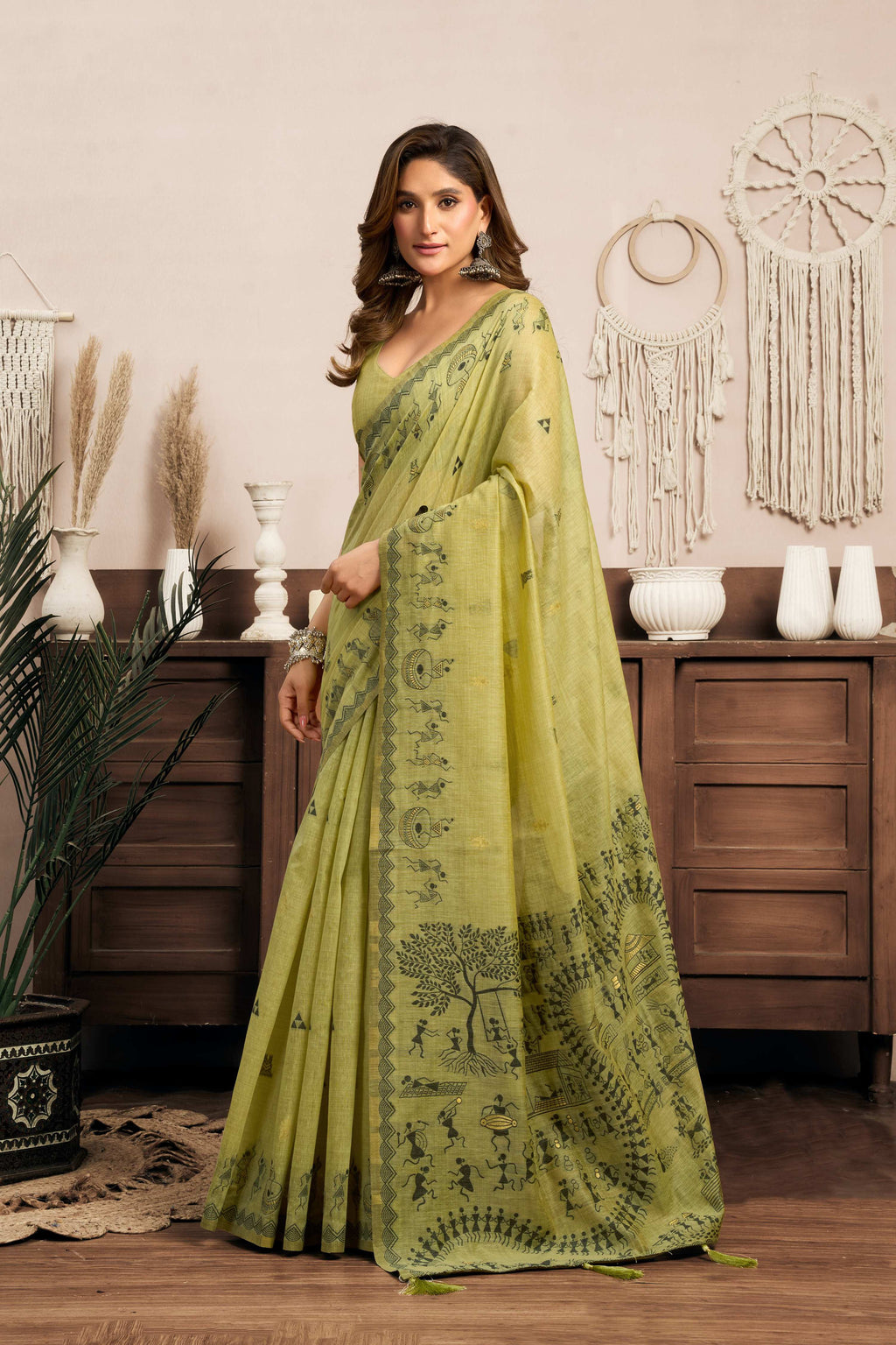 Jyoti Fashion Women's Green Modal Art Silk Warli Work Saree with Blouse