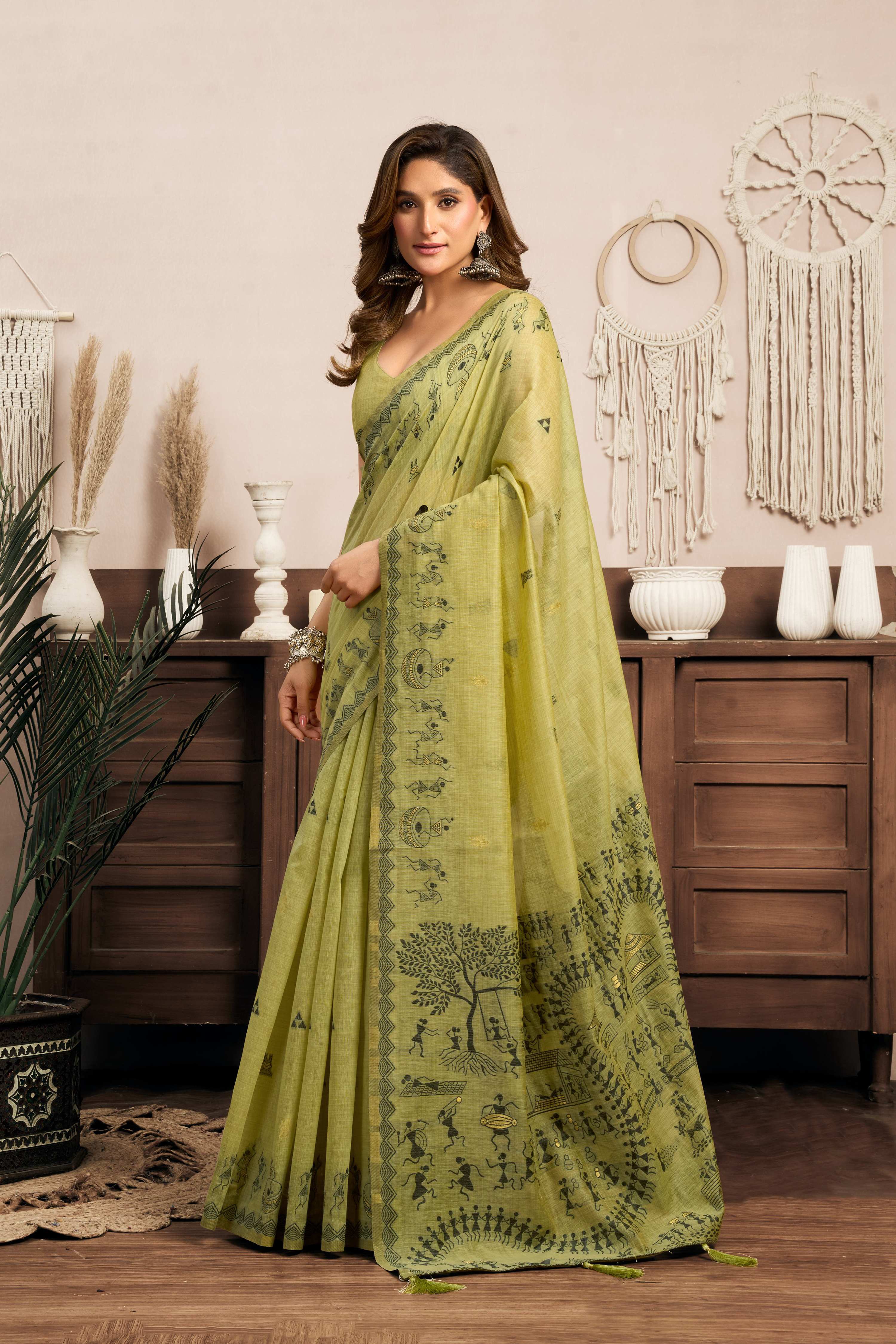 Jyoti Fashion Women's Green Modal Art Silk Warli Work Saree with Blouse