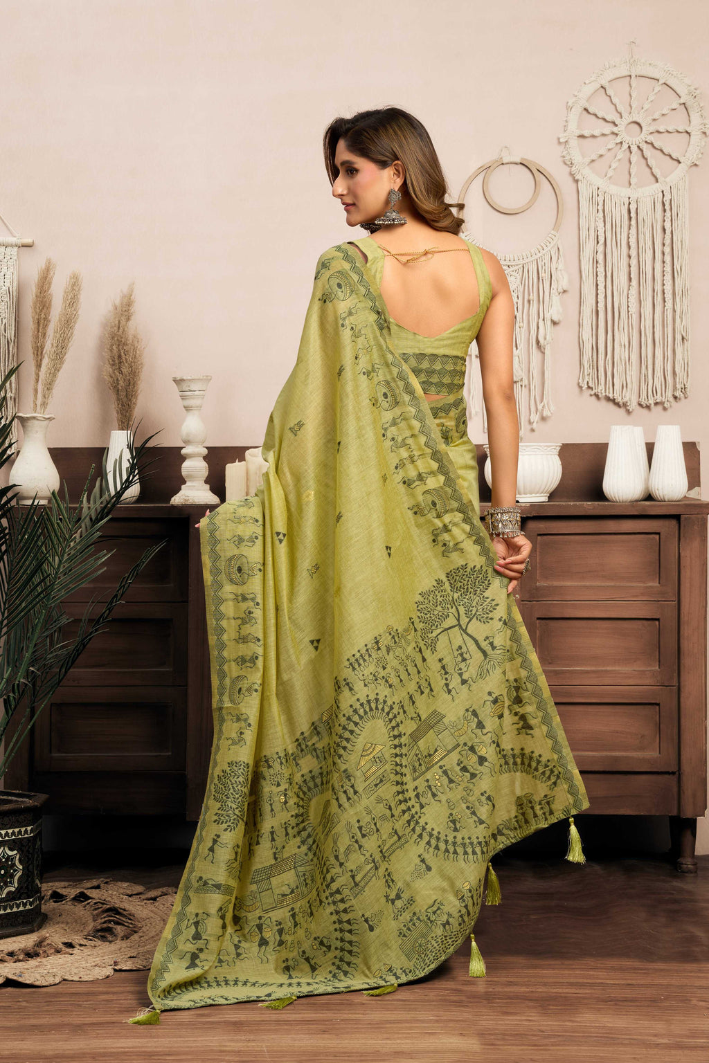 Jyoti Fashion Women's Green Modal Art Silk Warli Work Saree with Blouse