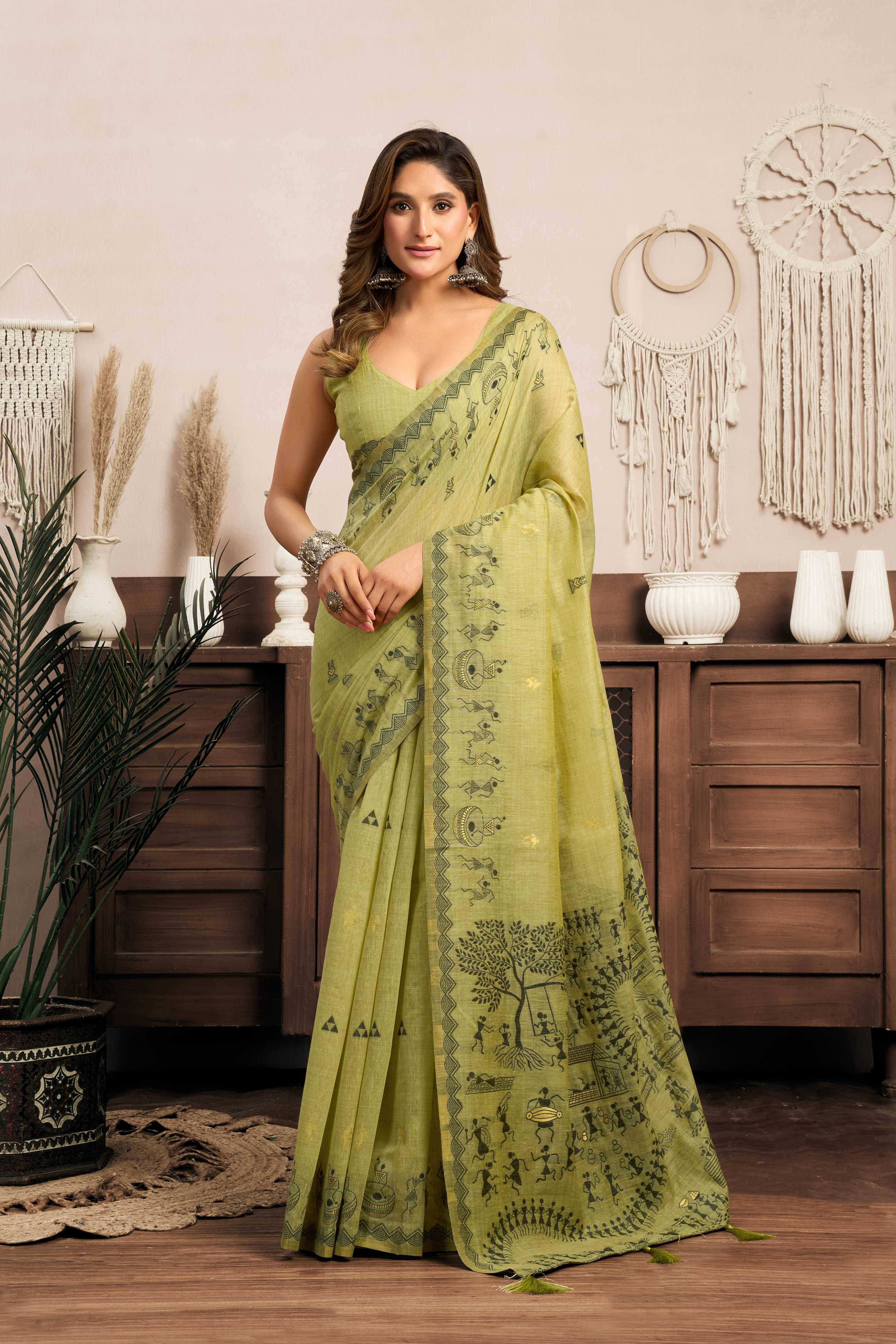 Jyoti Fashion Women's Green Modal Art Silk Warli Work Saree with Blouse