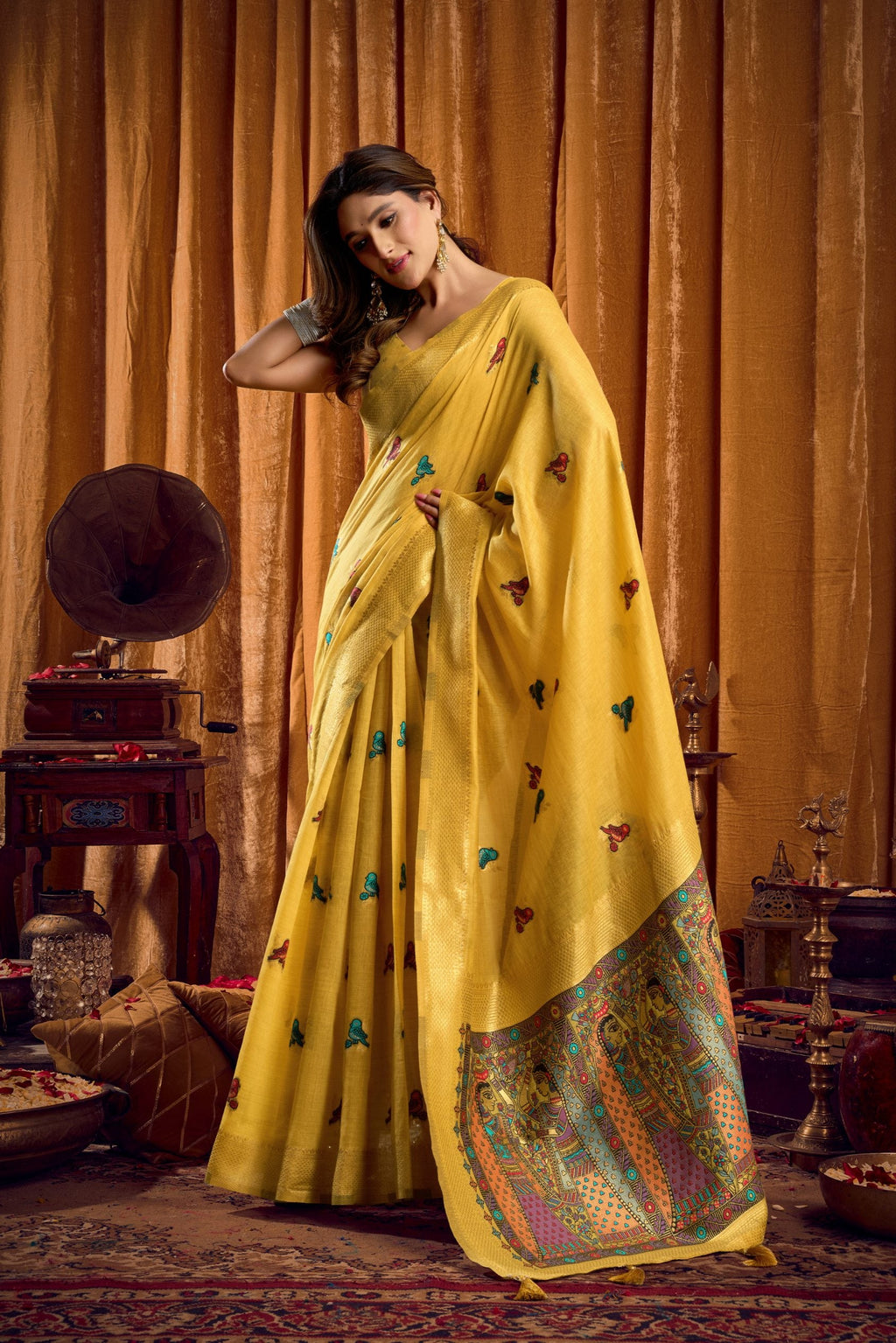 Jyoti Fashion Women's Yellow Khadi Cotton Mina Work Saree with Blouse