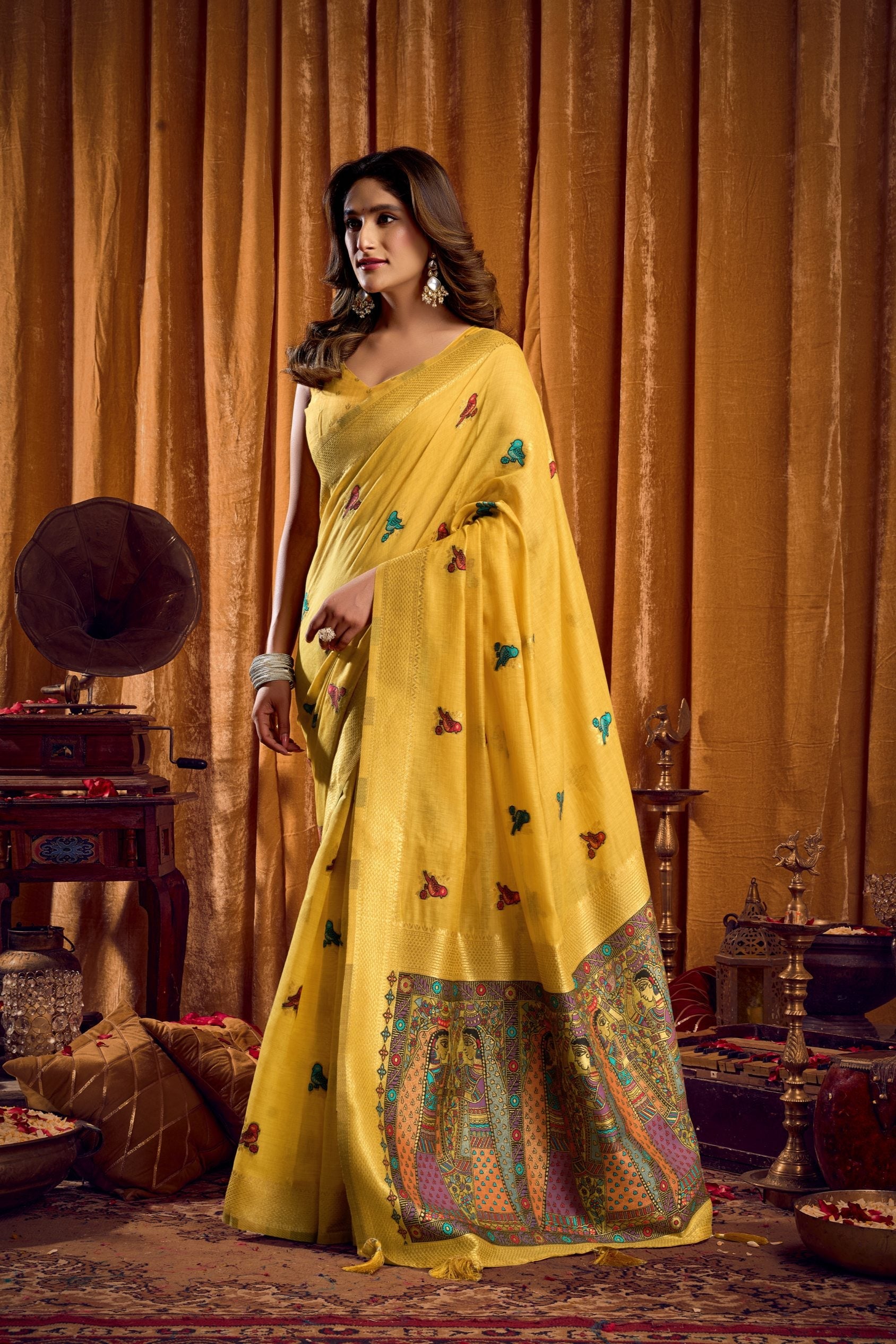 Jyoti Fashion Women's Yellow Khadi Cotton Mina Work Saree with Blouse