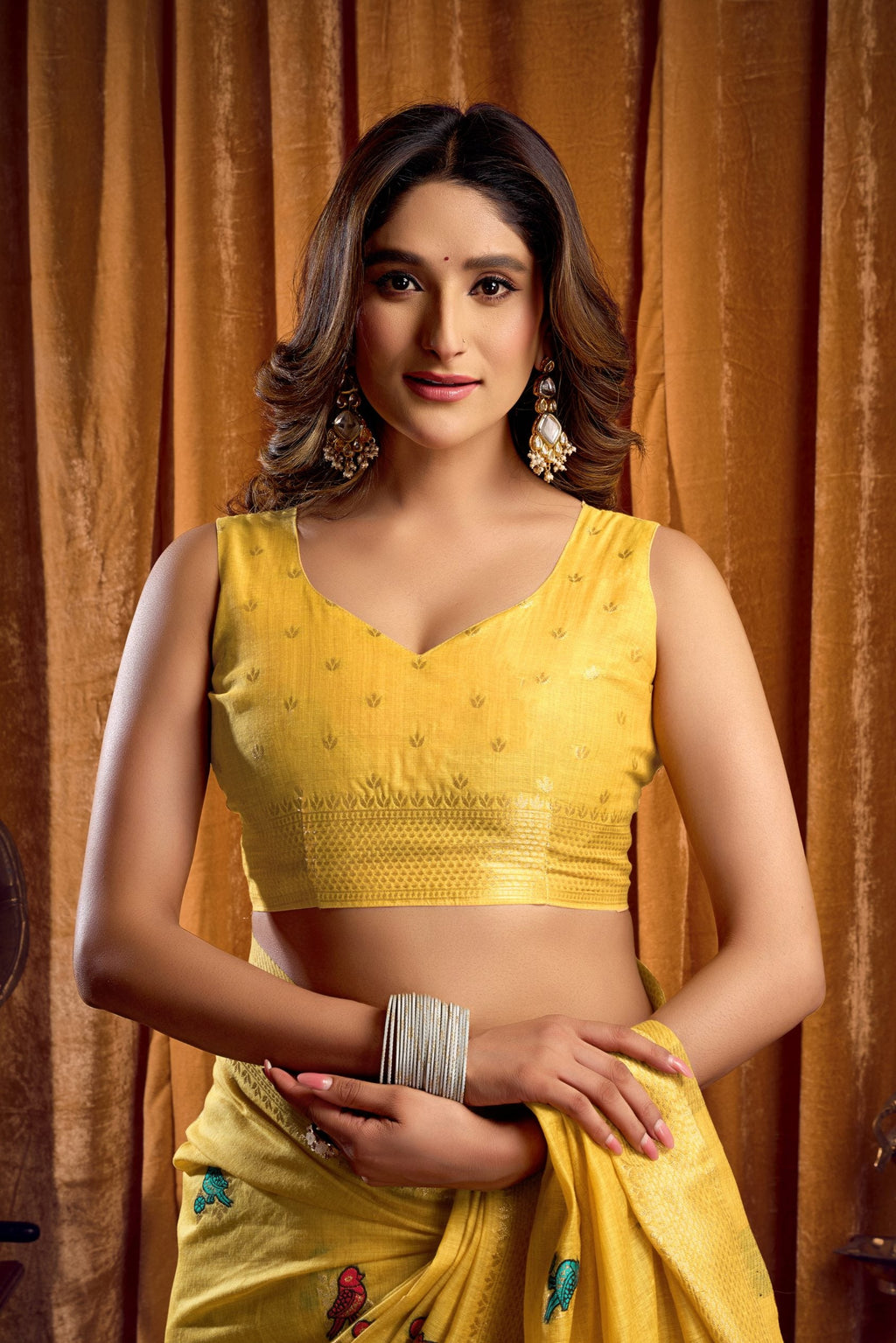 Jyoti Fashion Women's Yellow Khadi Cotton Mina Work Saree with Blouse