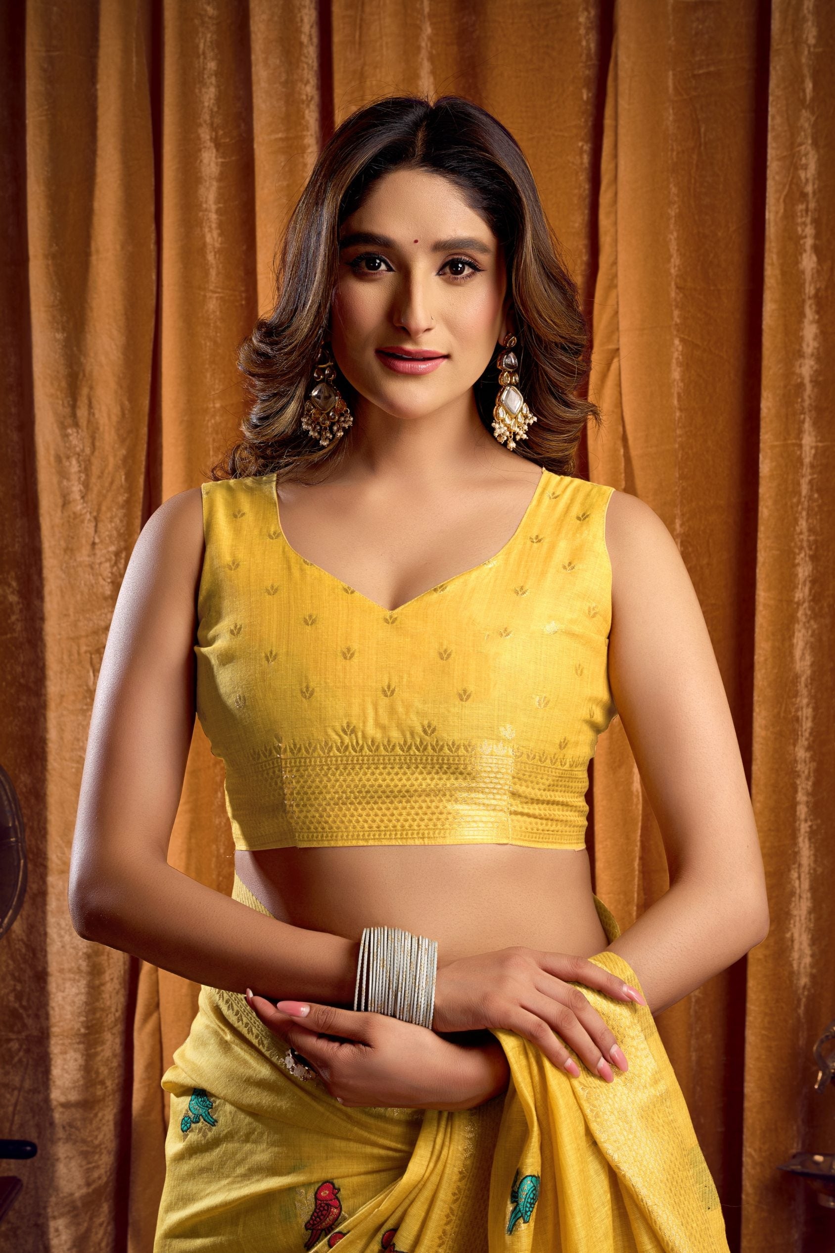 Jyoti Fashion Women's Yellow Khadi Cotton Mina Work Saree with Blouse