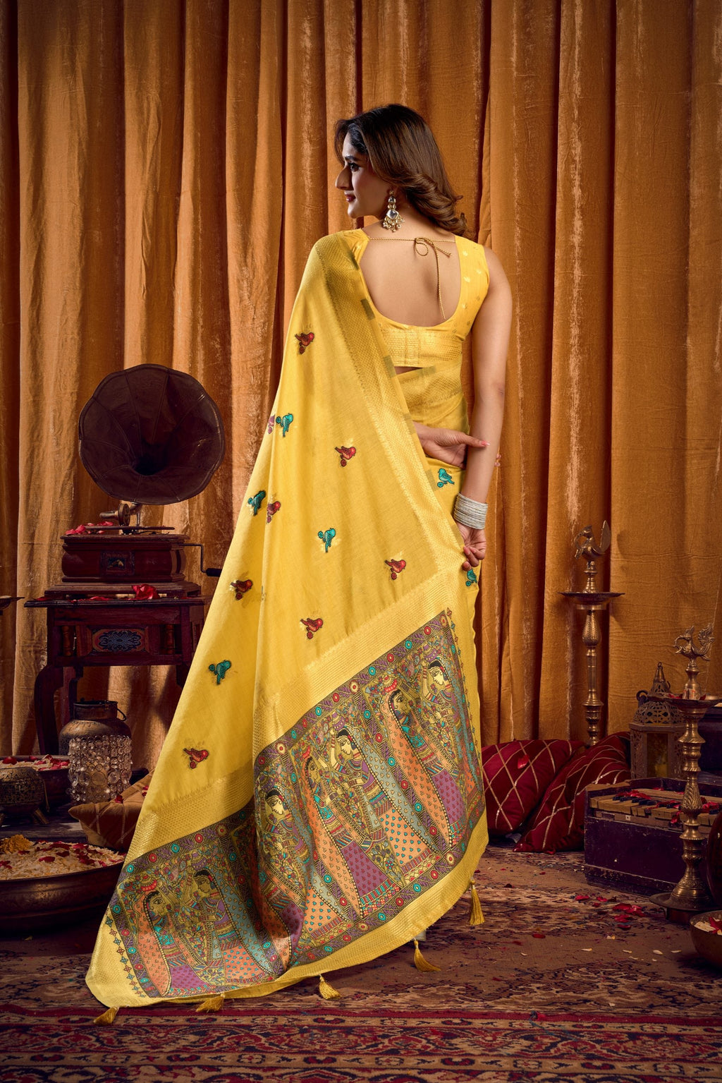 Jyoti Fashion Women's Yellow Khadi Cotton Mina Work Saree with Blouse