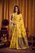 Jyoti Fashion Women's Yellow Khadi Cotton Mina Work Saree with Blouse