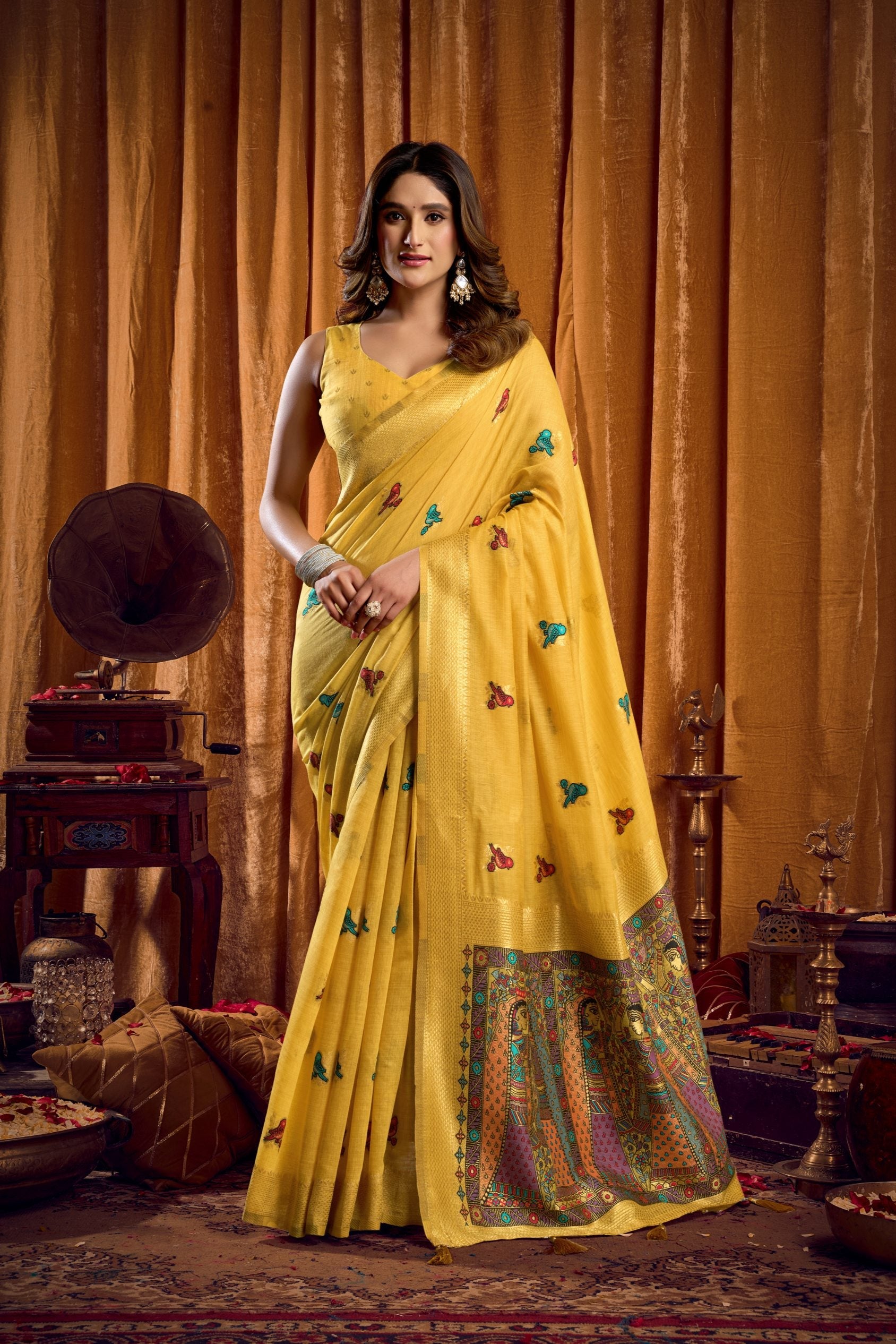 Jyoti Fashion Women's Yellow Khadi Cotton Mina Work Saree with Blouse