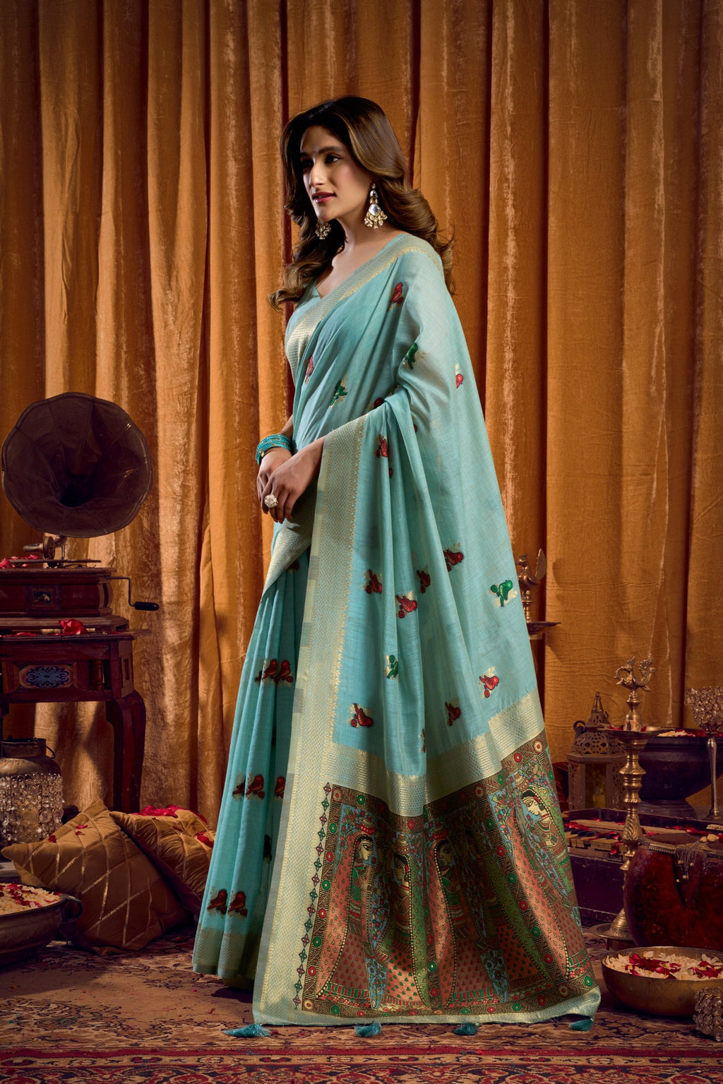 Jyoti Fashion Women's Sky Blue Khadi Cotton Mina Work Saree with Blouse