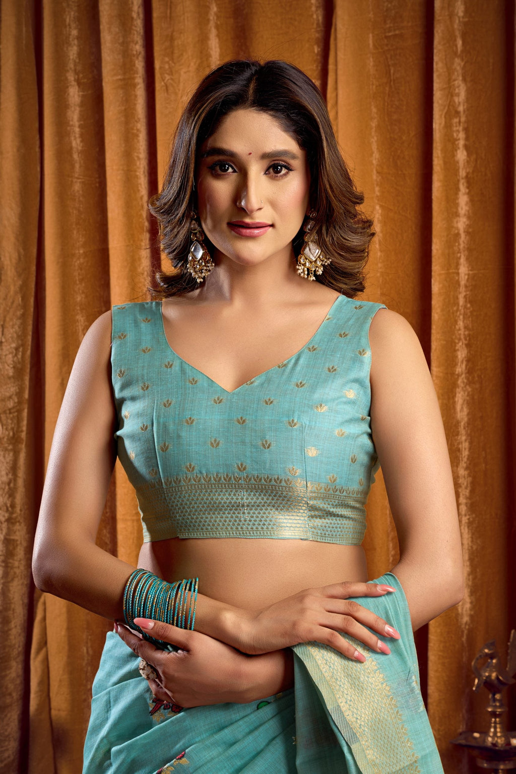 Jyoti Fashion Women's Sky Blue Khadi Cotton Mina Work Saree with Blouse