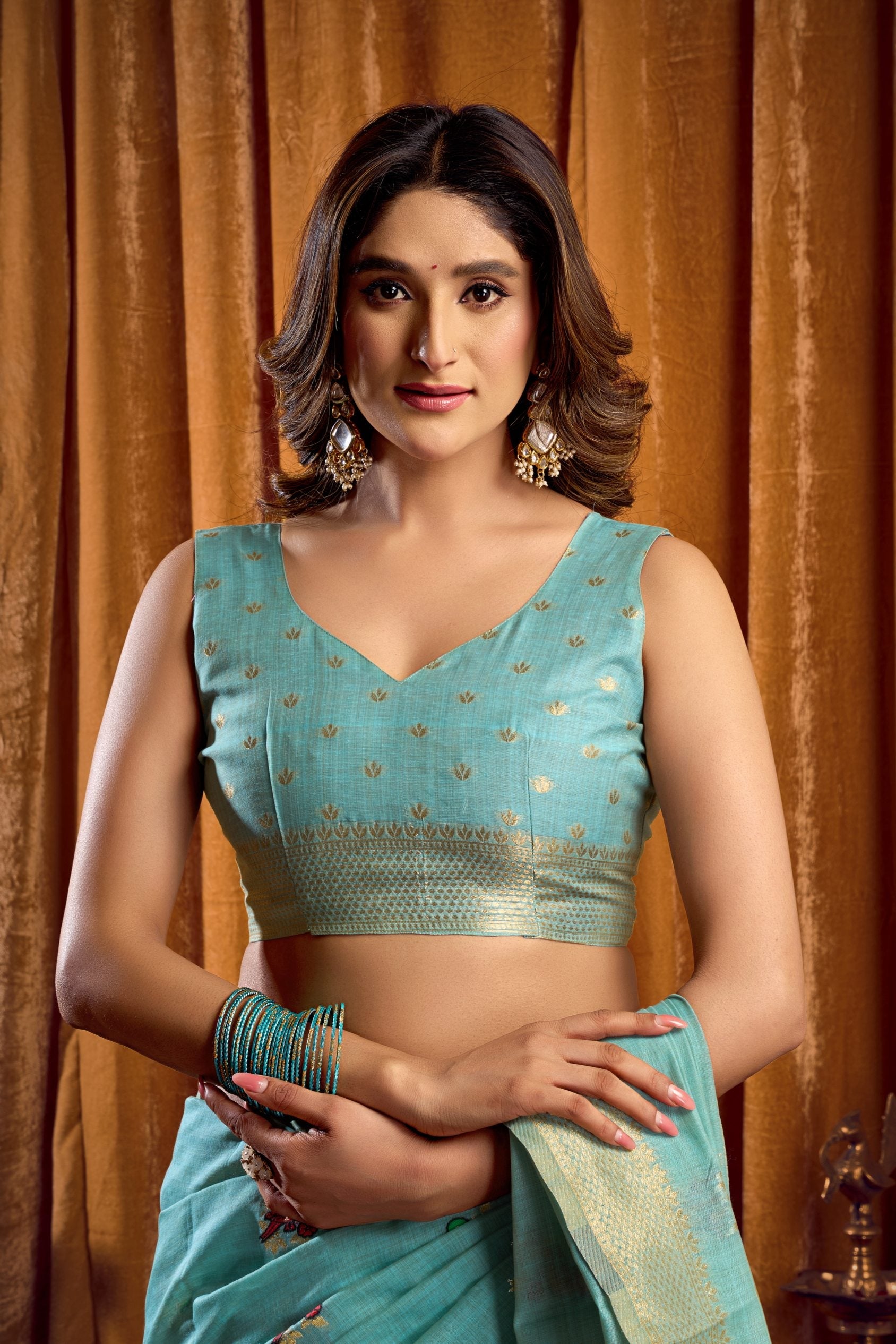 Jyoti Fashion Women's Sky Blue Khadi Cotton Mina Work Saree with Blouse