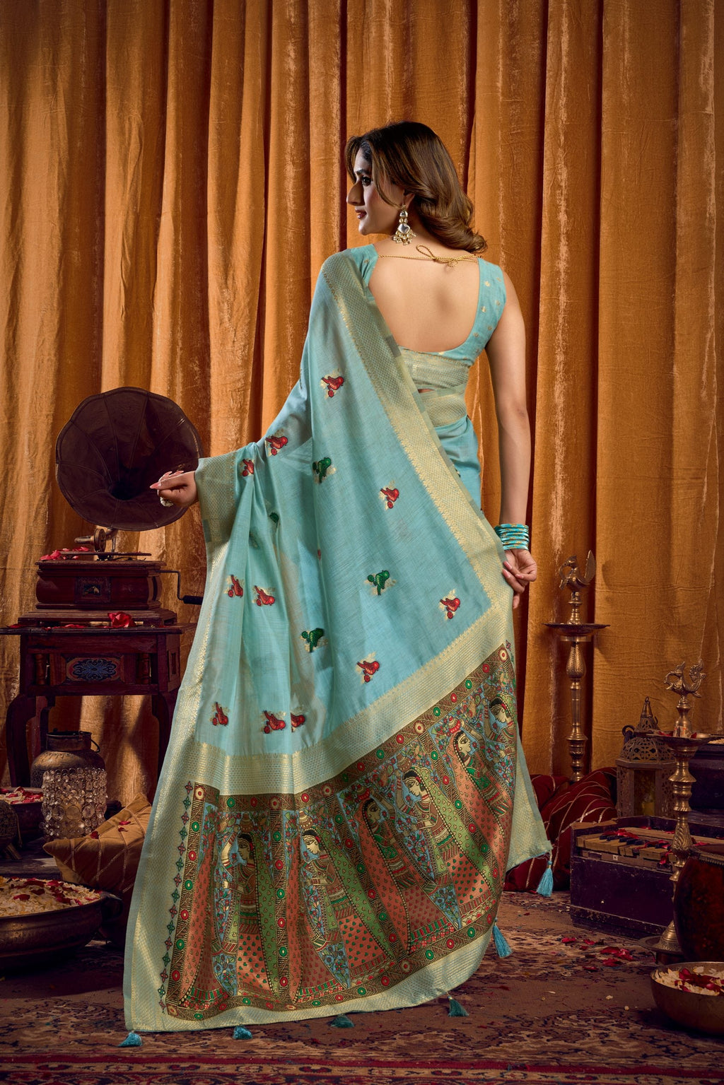 Jyoti Fashion Women's Sky Blue Khadi Cotton Mina Work Saree with Blouse