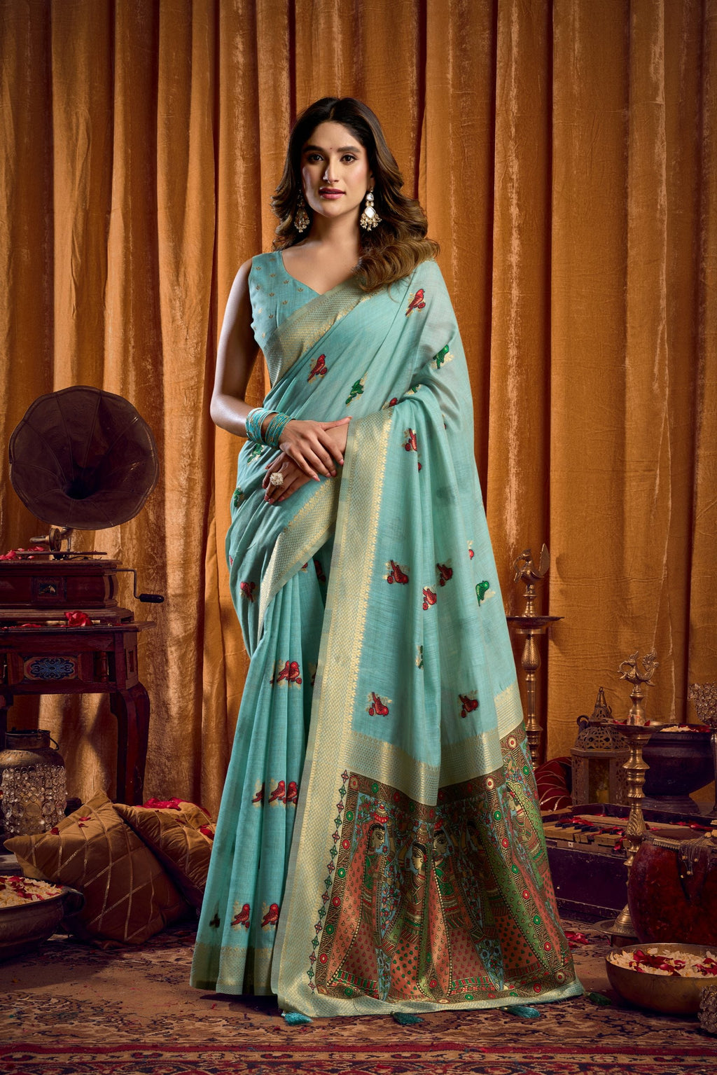 Jyoti Fashion Women's Sky Blue Khadi Cotton Mina Work Saree with Blouse