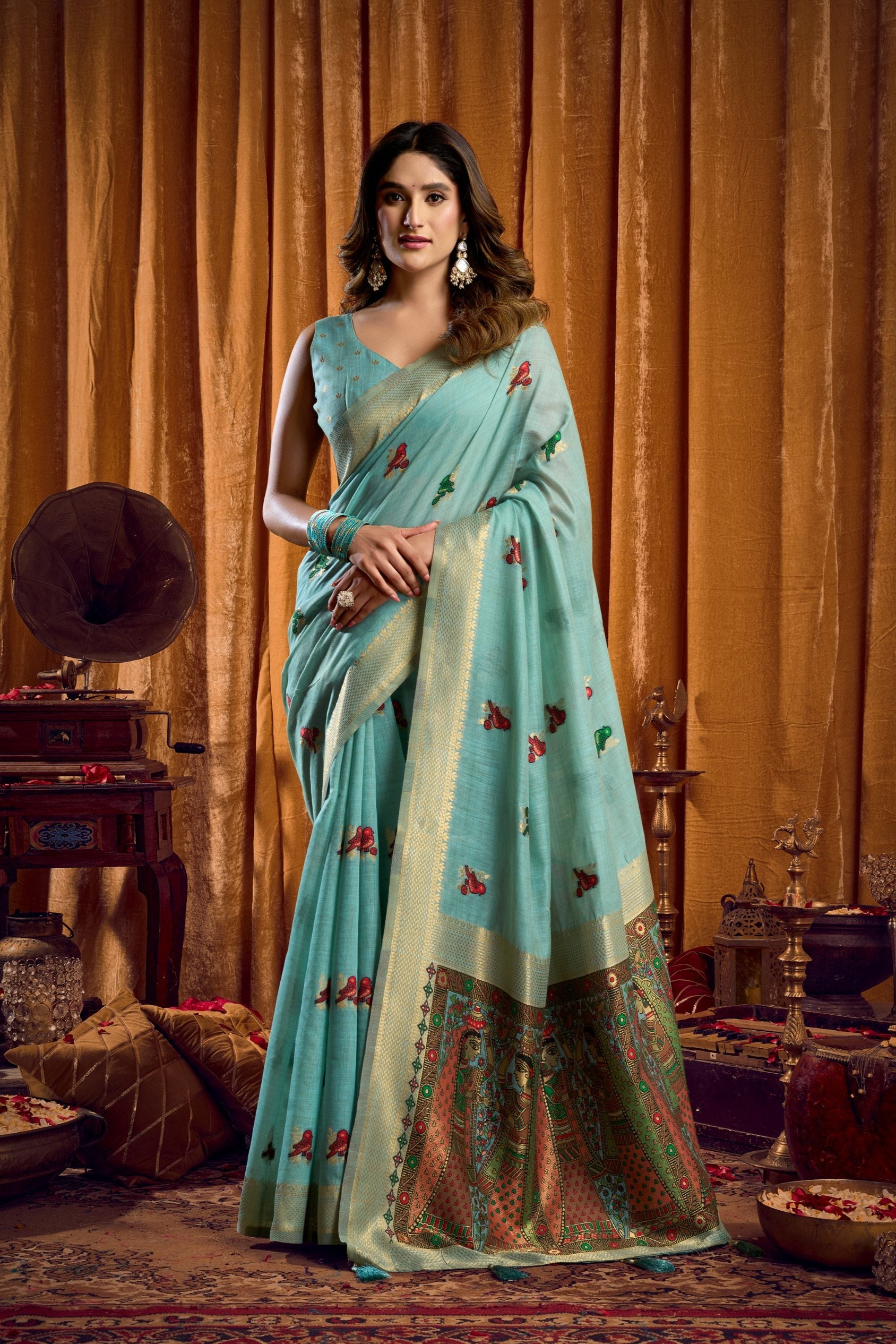 Jyoti Fashion Women's Sky Blue Khadi Cotton Mina Work Saree with Blouse