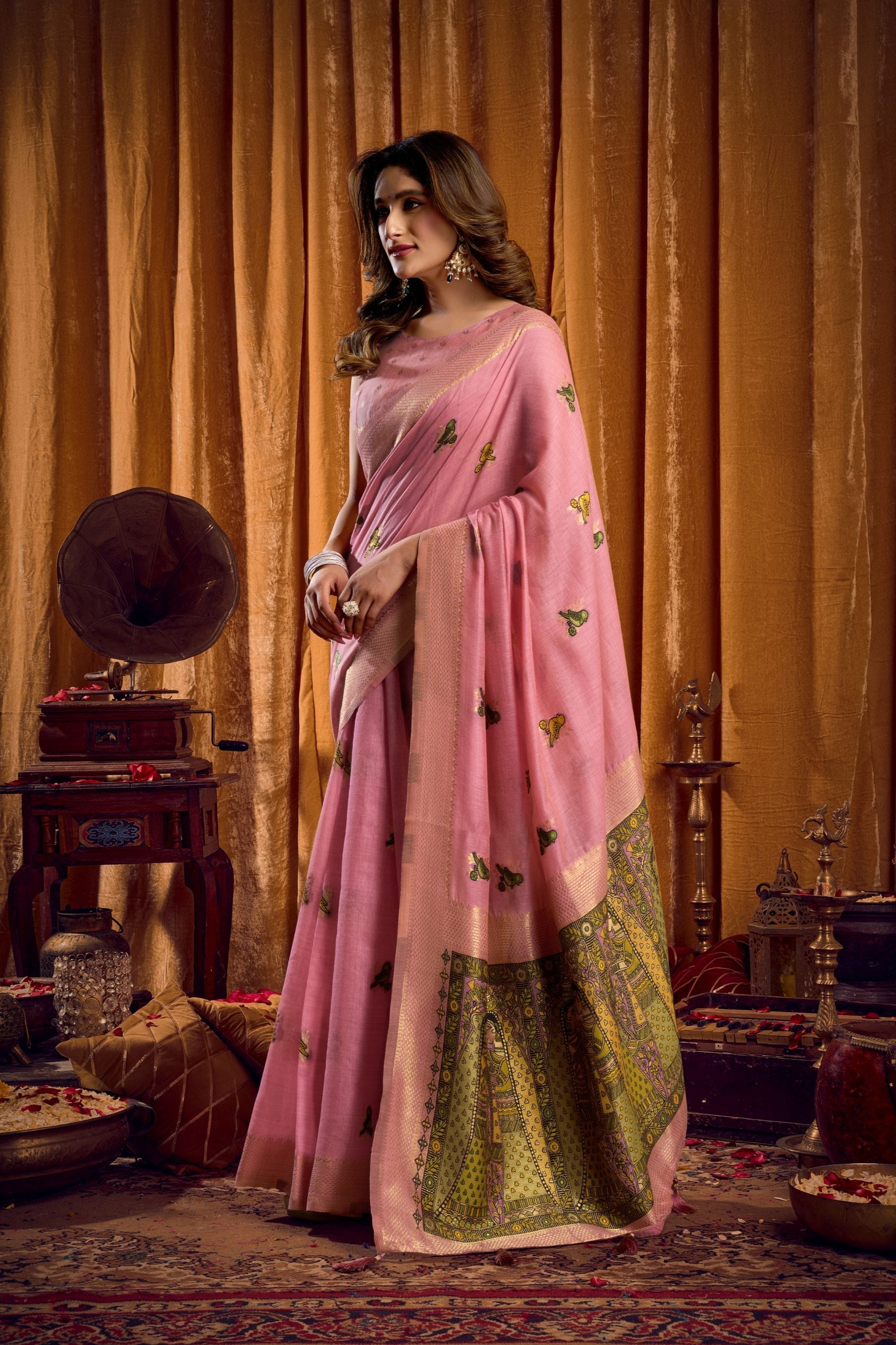 Jyoti Fashion Women's Pink Khadi Cotton Mina Work Saree with Blouse