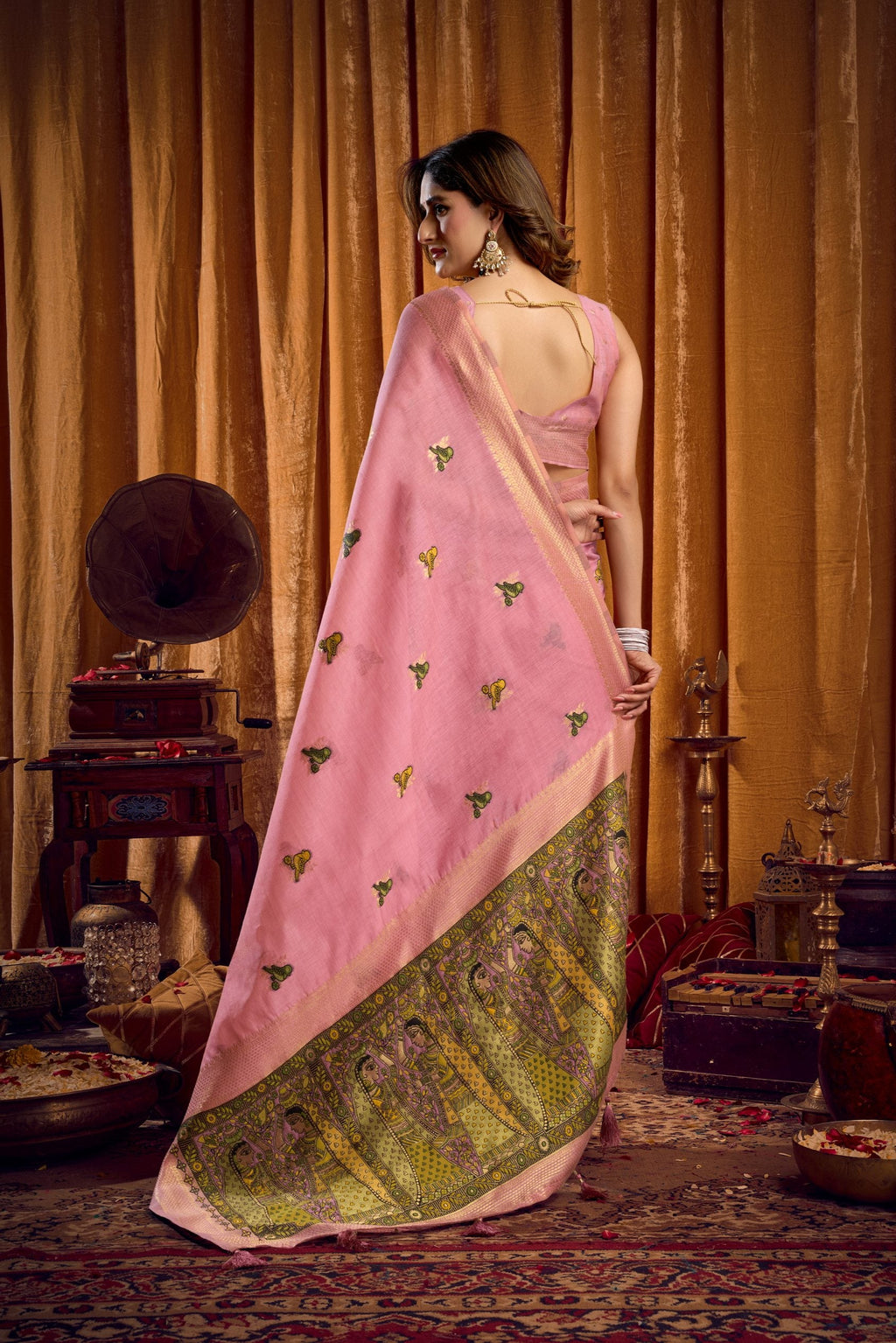 Jyoti Fashion Women's Pink Khadi Cotton Mina Work Saree with Blouse