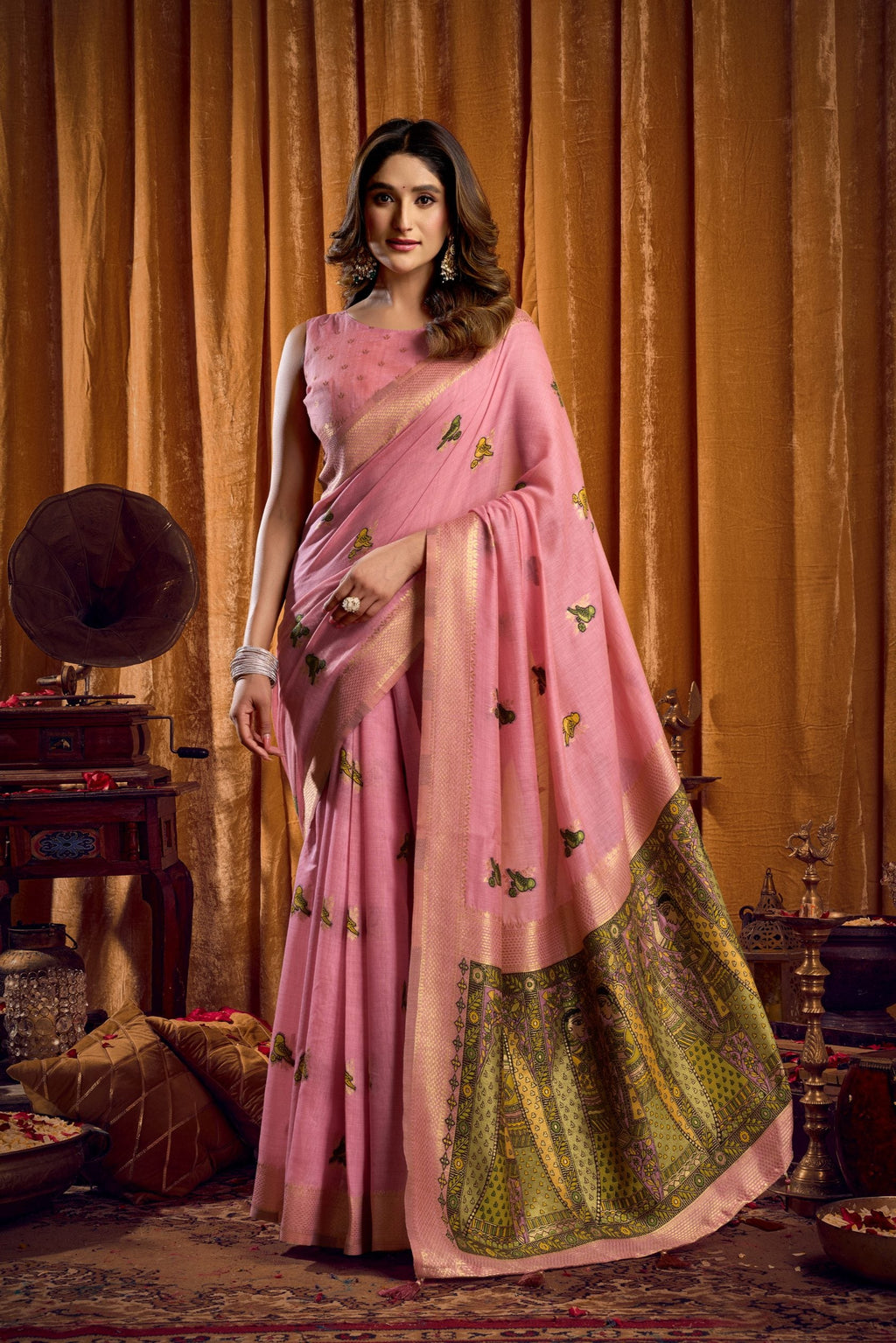 Jyoti Fashion Women's Pink Khadi Cotton Mina Work Saree with Blouse