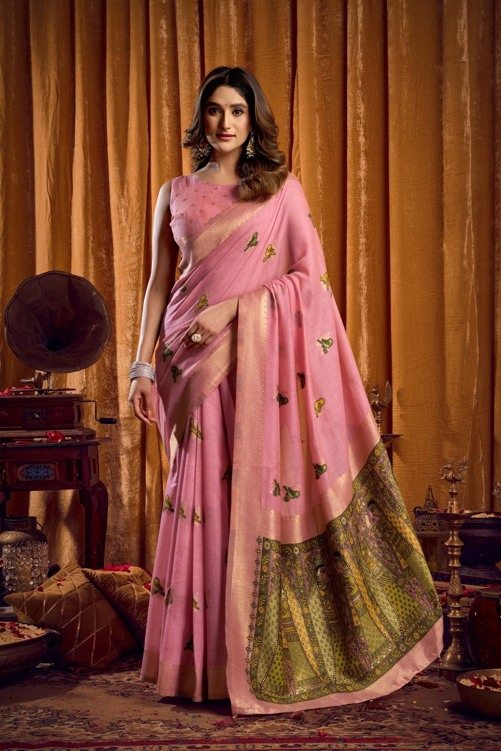 Jyoti Fashion Women's Pink Khadi Cotton Mina Work Saree with Blouse