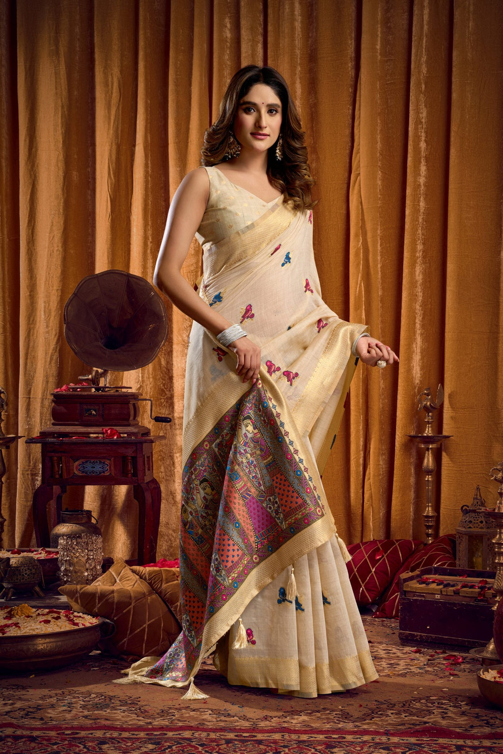 Jyoti Fashion Women's Cream Khadi Cotton Mina Work Saree with Blouse