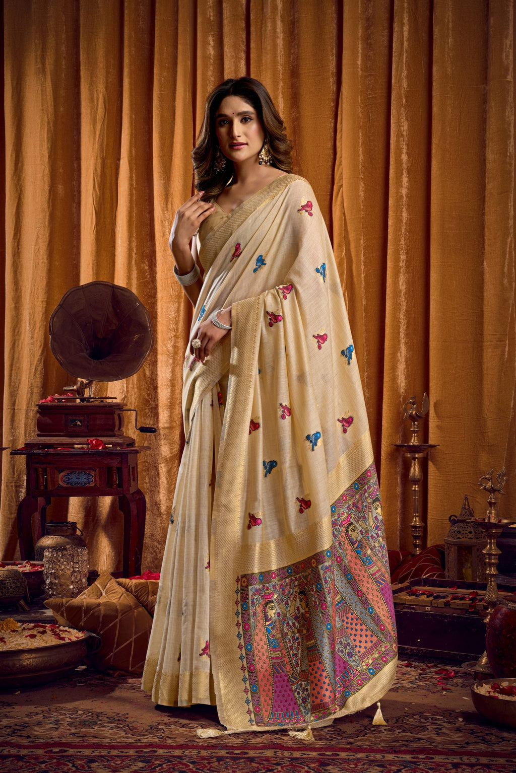Jyoti Fashion Women's Cream Khadi Cotton Mina Work Saree with Blouse