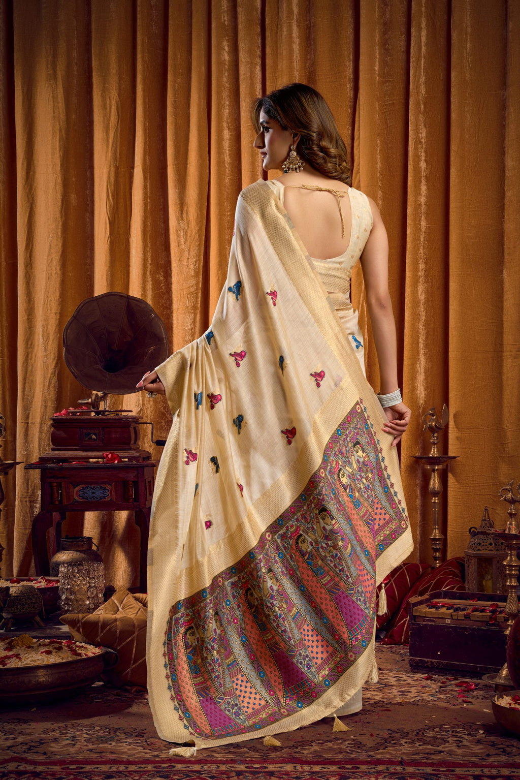 Jyoti Fashion Women's Cream Khadi Cotton Mina Work Saree with Blouse